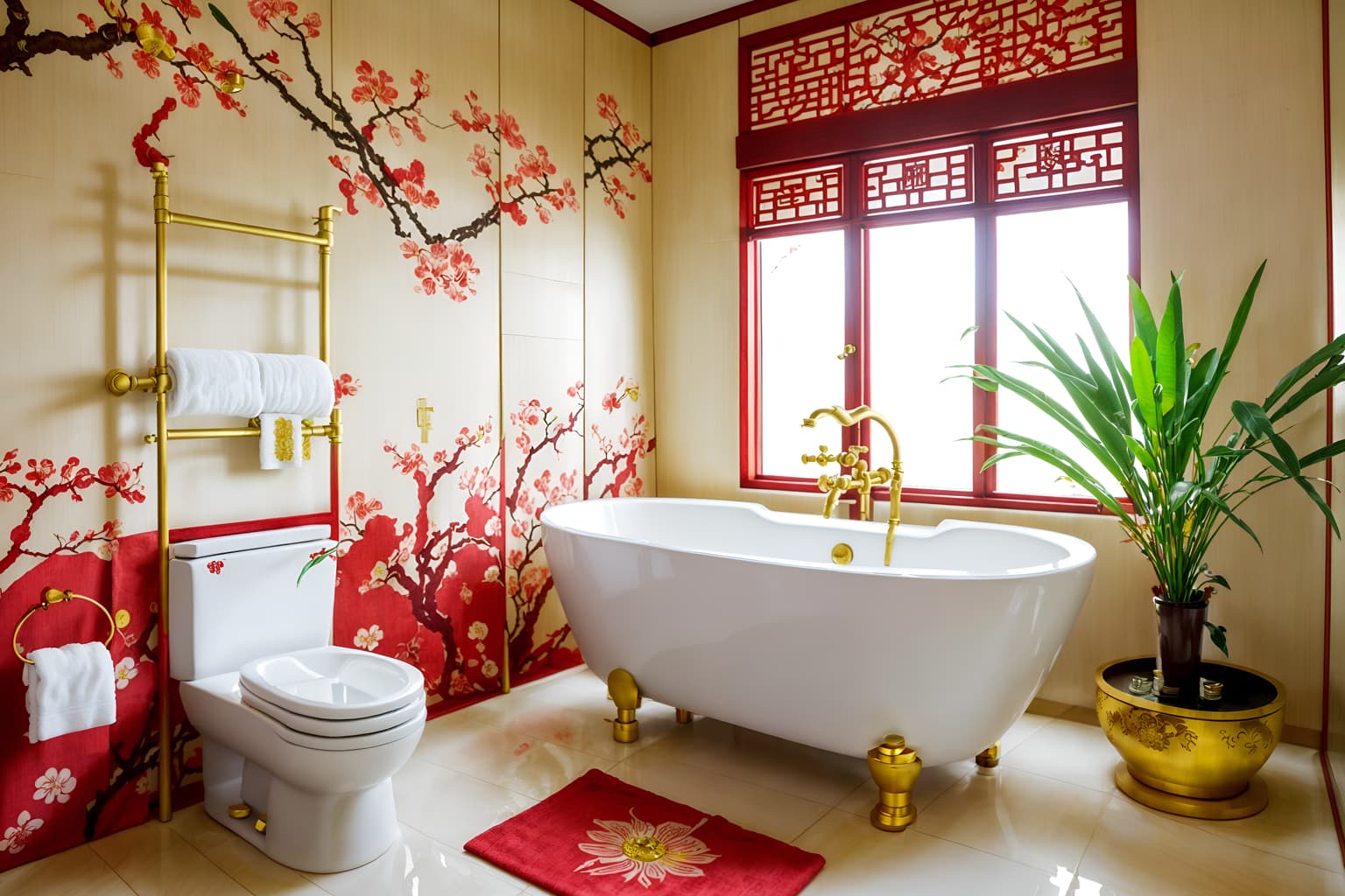 chinese new year-style (bathroom interior) with bathroom sink with faucet and toilet seat and bathtub and bath towel and bath rail and plant and shower and mirror. . with kumquat trees and vases of plum blossoms and orchids and money tree and mei hwa flowers and gold ingots and red fabric & pillows and zodiac calendar and paper cuttings. . cinematic photo, highly detailed, cinematic lighting, ultra-detailed, ultrarealistic, photorealism, 8k. chinese new year interior design style. masterpiece, cinematic light, ultrarealistic+, photorealistic+, 8k, raw photo, realistic, sharp focus on eyes, (symmetrical eyes), (intact eyes), hyperrealistic, highest quality, best quality, , highly detailed, masterpiece, best quality, extremely detailed 8k wallpaper, masterpiece, best quality, ultra-detailed, best shadow, detailed background, detailed face, detailed eyes, high contrast, best illumination, detailed face, dulux, caustic, dynamic angle, detailed glow. dramatic lighting. highly detailed, insanely detailed hair, symmetrical, intricate details, professionally retouched, 8k high definition. strong bokeh. award winning photo.