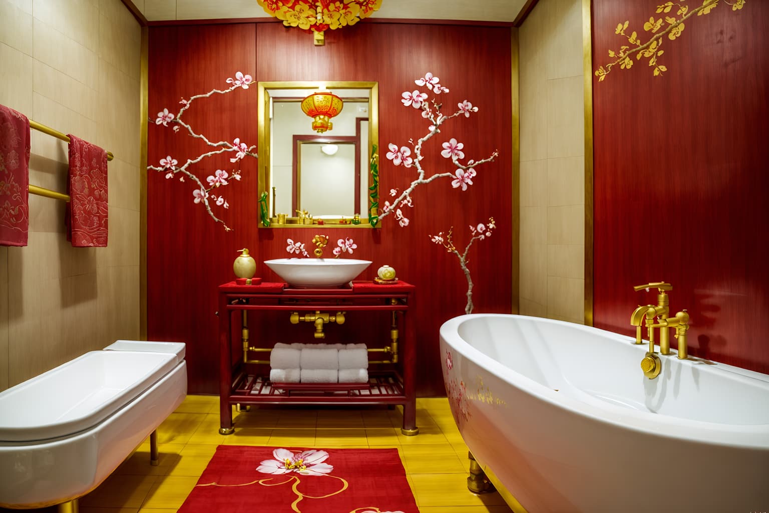 chinese new year-style (bathroom interior) with bathroom sink with faucet and toilet seat and bathtub and bath towel and bath rail and plant and shower and mirror. . with kumquat trees and vases of plum blossoms and orchids and money tree and mei hwa flowers and gold ingots and red fabric & pillows and zodiac calendar and paper cuttings. . cinematic photo, highly detailed, cinematic lighting, ultra-detailed, ultrarealistic, photorealism, 8k. chinese new year interior design style. masterpiece, cinematic light, ultrarealistic+, photorealistic+, 8k, raw photo, realistic, sharp focus on eyes, (symmetrical eyes), (intact eyes), hyperrealistic, highest quality, best quality, , highly detailed, masterpiece, best quality, extremely detailed 8k wallpaper, masterpiece, best quality, ultra-detailed, best shadow, detailed background, detailed face, detailed eyes, high contrast, best illumination, detailed face, dulux, caustic, dynamic angle, detailed glow. dramatic lighting. highly detailed, insanely detailed hair, symmetrical, intricate details, professionally retouched, 8k high definition. strong bokeh. award winning photo.