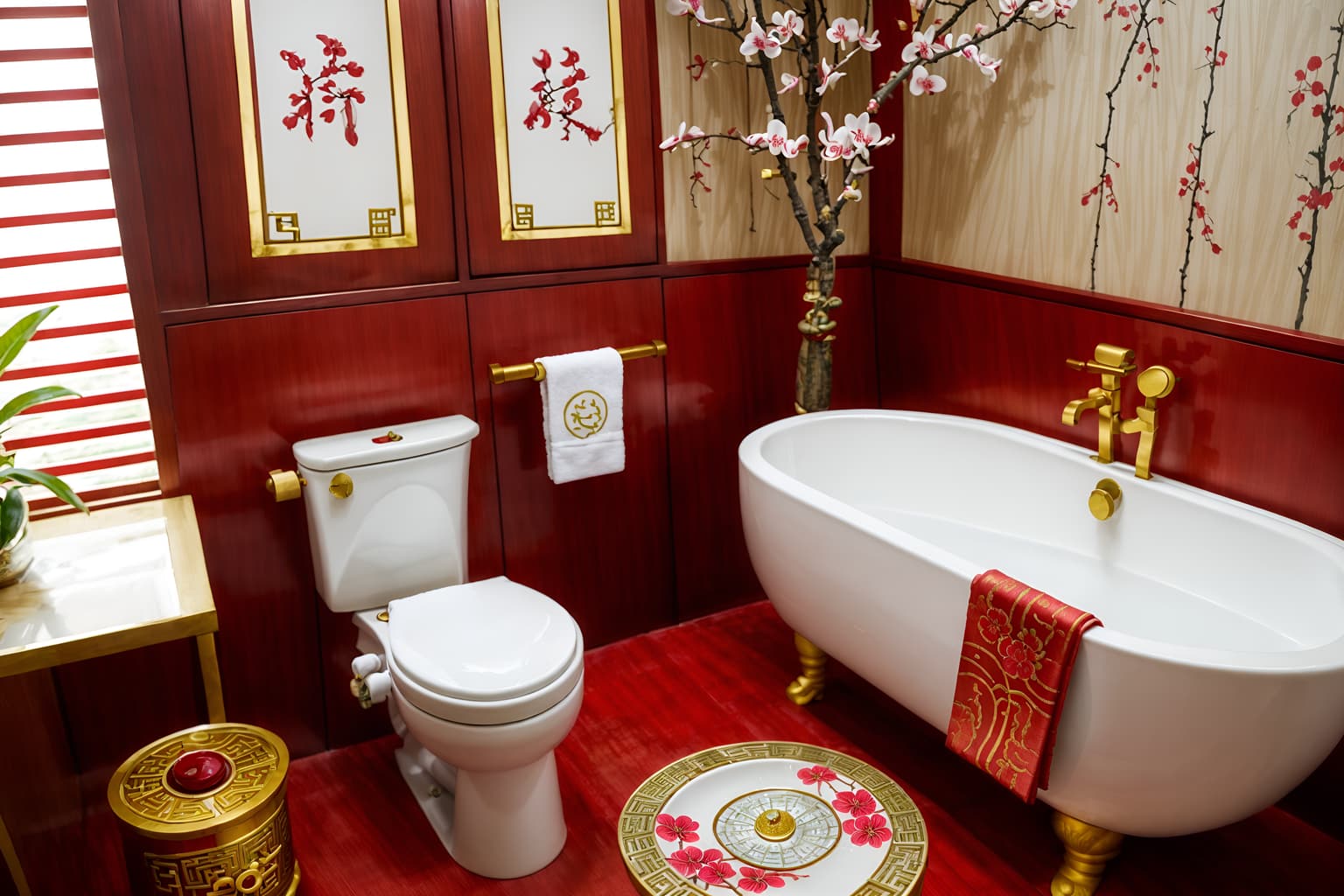 chinese new year-style (bathroom interior) with bathroom sink with faucet and toilet seat and bathtub and bath towel and bath rail and plant and shower and mirror. . with kumquat trees and vases of plum blossoms and orchids and money tree and mei hwa flowers and gold ingots and red fabric & pillows and zodiac calendar and paper cuttings. . cinematic photo, highly detailed, cinematic lighting, ultra-detailed, ultrarealistic, photorealism, 8k. chinese new year interior design style. masterpiece, cinematic light, ultrarealistic+, photorealistic+, 8k, raw photo, realistic, sharp focus on eyes, (symmetrical eyes), (intact eyes), hyperrealistic, highest quality, best quality, , highly detailed, masterpiece, best quality, extremely detailed 8k wallpaper, masterpiece, best quality, ultra-detailed, best shadow, detailed background, detailed face, detailed eyes, high contrast, best illumination, detailed face, dulux, caustic, dynamic angle, detailed glow. dramatic lighting. highly detailed, insanely detailed hair, symmetrical, intricate details, professionally retouched, 8k high definition. strong bokeh. award winning photo.
