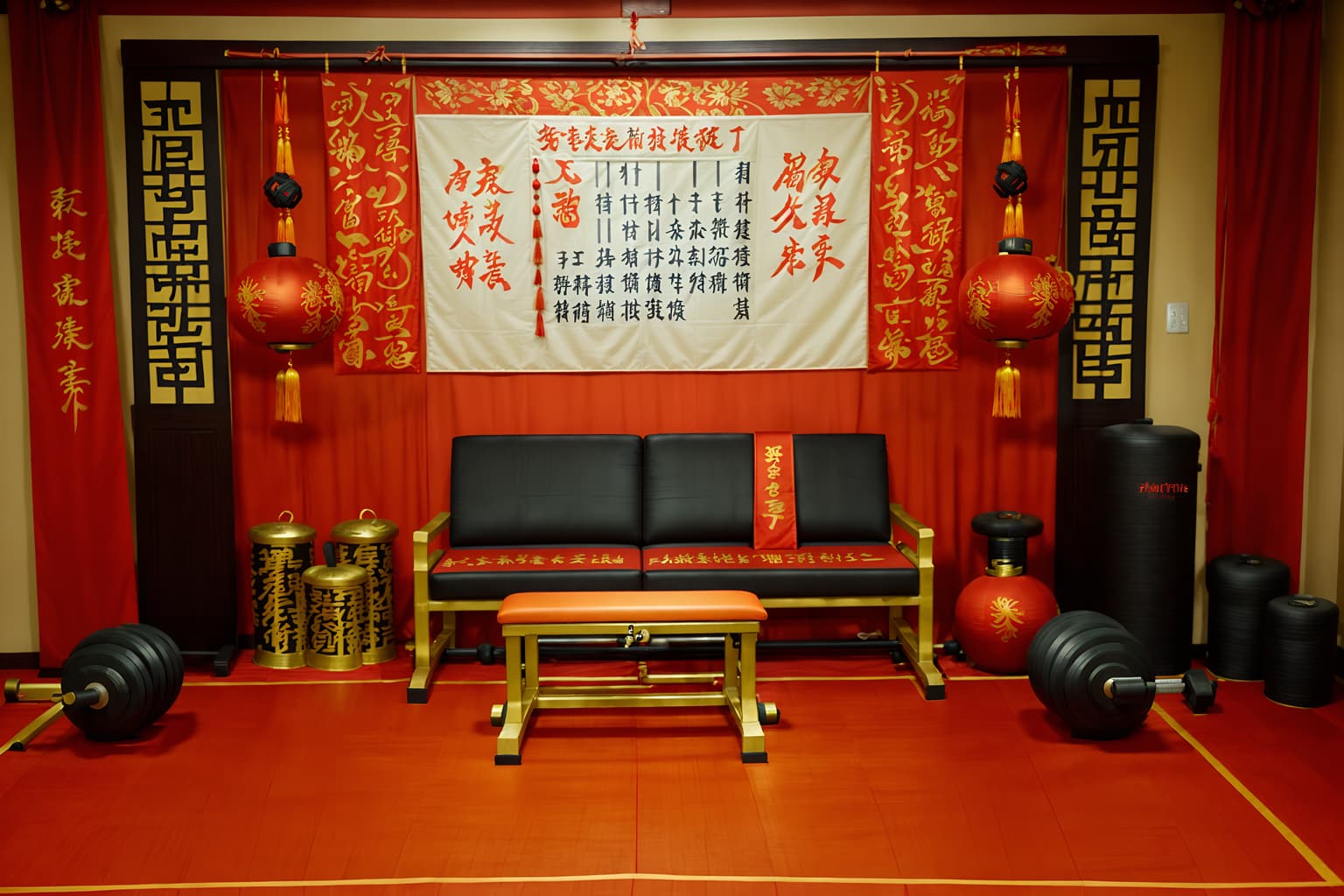 chinese new year-style (fitness gym interior) with crosstrainer and exercise bicycle and squat rack and bench press and dumbbell stand and crosstrainer. . with chinese knots and door couplets and paper cuttings and zodiac calendar and red and gold candles and orange trees and red and gold tassels and fai chun banners. . cinematic photo, highly detailed, cinematic lighting, ultra-detailed, ultrarealistic, photorealism, 8k. chinese new year interior design style. masterpiece, cinematic light, ultrarealistic+, photorealistic+, 8k, raw photo, realistic, sharp focus on eyes, (symmetrical eyes), (intact eyes), hyperrealistic, highest quality, best quality, , highly detailed, masterpiece, best quality, extremely detailed 8k wallpaper, masterpiece, best quality, ultra-detailed, best shadow, detailed background, detailed face, detailed eyes, high contrast, best illumination, detailed face, dulux, caustic, dynamic angle, detailed glow. dramatic lighting. highly detailed, insanely detailed hair, symmetrical, intricate details, professionally retouched, 8k high definition. strong bokeh. award winning photo.