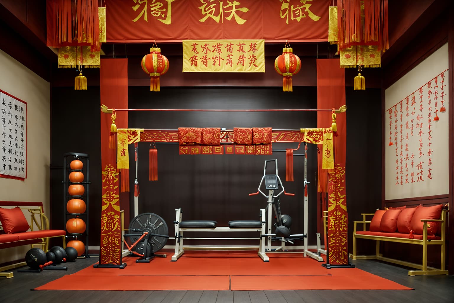 chinese new year-style (fitness gym interior) with crosstrainer and exercise bicycle and squat rack and bench press and dumbbell stand and crosstrainer. . with chinese knots and door couplets and paper cuttings and zodiac calendar and red and gold candles and orange trees and red and gold tassels and fai chun banners. . cinematic photo, highly detailed, cinematic lighting, ultra-detailed, ultrarealistic, photorealism, 8k. chinese new year interior design style. masterpiece, cinematic light, ultrarealistic+, photorealistic+, 8k, raw photo, realistic, sharp focus on eyes, (symmetrical eyes), (intact eyes), hyperrealistic, highest quality, best quality, , highly detailed, masterpiece, best quality, extremely detailed 8k wallpaper, masterpiece, best quality, ultra-detailed, best shadow, detailed background, detailed face, detailed eyes, high contrast, best illumination, detailed face, dulux, caustic, dynamic angle, detailed glow. dramatic lighting. highly detailed, insanely detailed hair, symmetrical, intricate details, professionally retouched, 8k high definition. strong bokeh. award winning photo.