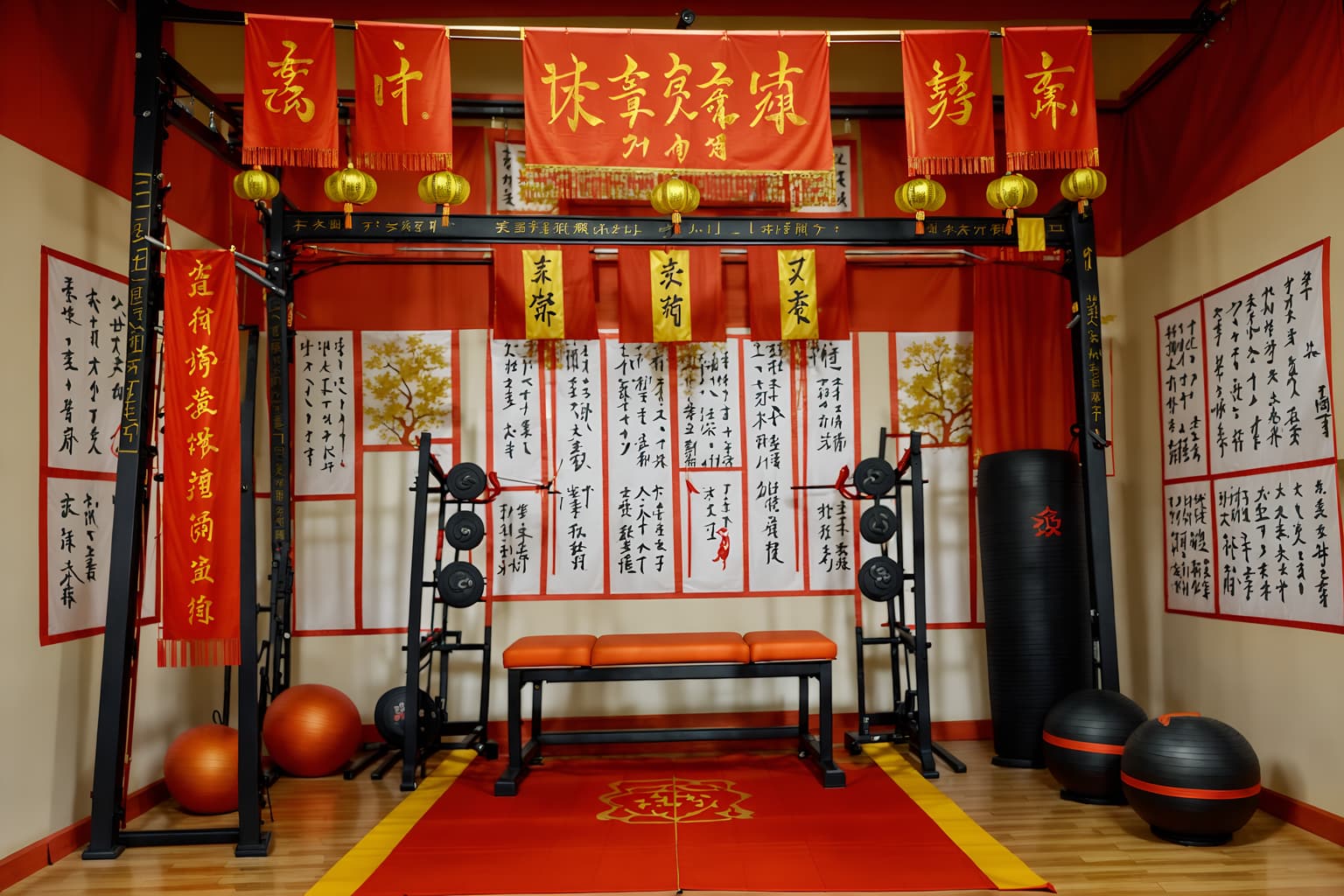 chinese new year-style (fitness gym interior) with crosstrainer and exercise bicycle and squat rack and bench press and dumbbell stand and crosstrainer. . with chinese knots and door couplets and paper cuttings and zodiac calendar and red and gold candles and orange trees and red and gold tassels and fai chun banners. . cinematic photo, highly detailed, cinematic lighting, ultra-detailed, ultrarealistic, photorealism, 8k. chinese new year interior design style. masterpiece, cinematic light, ultrarealistic+, photorealistic+, 8k, raw photo, realistic, sharp focus on eyes, (symmetrical eyes), (intact eyes), hyperrealistic, highest quality, best quality, , highly detailed, masterpiece, best quality, extremely detailed 8k wallpaper, masterpiece, best quality, ultra-detailed, best shadow, detailed background, detailed face, detailed eyes, high contrast, best illumination, detailed face, dulux, caustic, dynamic angle, detailed glow. dramatic lighting. highly detailed, insanely detailed hair, symmetrical, intricate details, professionally retouched, 8k high definition. strong bokeh. award winning photo.