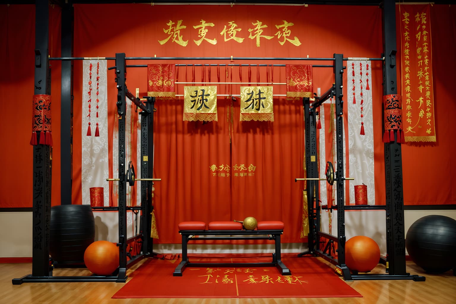 chinese new year-style (fitness gym interior) with crosstrainer and exercise bicycle and squat rack and bench press and dumbbell stand and crosstrainer. . with chinese knots and door couplets and paper cuttings and zodiac calendar and red and gold candles and orange trees and red and gold tassels and fai chun banners. . cinematic photo, highly detailed, cinematic lighting, ultra-detailed, ultrarealistic, photorealism, 8k. chinese new year interior design style. masterpiece, cinematic light, ultrarealistic+, photorealistic+, 8k, raw photo, realistic, sharp focus on eyes, (symmetrical eyes), (intact eyes), hyperrealistic, highest quality, best quality, , highly detailed, masterpiece, best quality, extremely detailed 8k wallpaper, masterpiece, best quality, ultra-detailed, best shadow, detailed background, detailed face, detailed eyes, high contrast, best illumination, detailed face, dulux, caustic, dynamic angle, detailed glow. dramatic lighting. highly detailed, insanely detailed hair, symmetrical, intricate details, professionally retouched, 8k high definition. strong bokeh. award winning photo.
