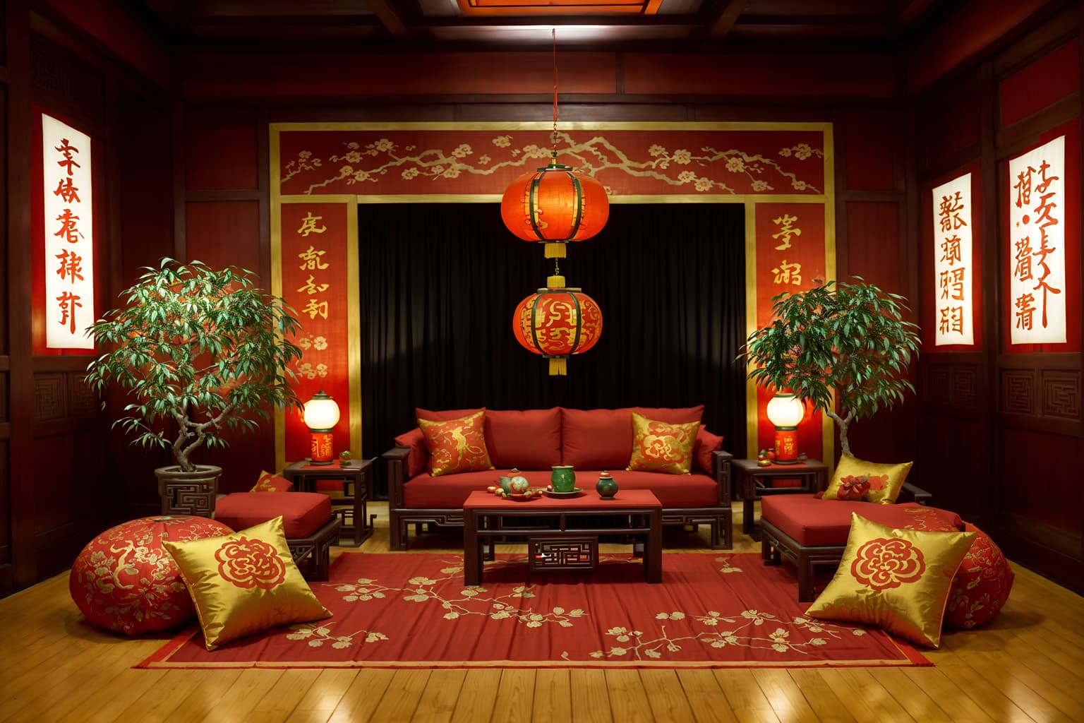chinese new year-style (exhibition space interior) . with money tree and mei hwa flowers and kumquat trees and orange trees and zodiac calendar and chinese red lanterns and chinese knots and red fabric & pillows. . cinematic photo, highly detailed, cinematic lighting, ultra-detailed, ultrarealistic, photorealism, 8k. chinese new year interior design style. masterpiece, cinematic light, ultrarealistic+, photorealistic+, 8k, raw photo, realistic, sharp focus on eyes, (symmetrical eyes), (intact eyes), hyperrealistic, highest quality, best quality, , highly detailed, masterpiece, best quality, extremely detailed 8k wallpaper, masterpiece, best quality, ultra-detailed, best shadow, detailed background, detailed face, detailed eyes, high contrast, best illumination, detailed face, dulux, caustic, dynamic angle, detailed glow. dramatic lighting. highly detailed, insanely detailed hair, symmetrical, intricate details, professionally retouched, 8k high definition. strong bokeh. award winning photo.