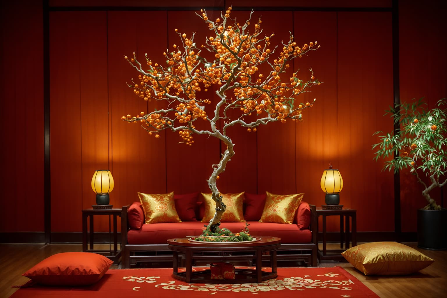 chinese new year-style (exhibition space interior) . with money tree and mei hwa flowers and kumquat trees and orange trees and zodiac calendar and chinese red lanterns and chinese knots and red fabric & pillows. . cinematic photo, highly detailed, cinematic lighting, ultra-detailed, ultrarealistic, photorealism, 8k. chinese new year interior design style. masterpiece, cinematic light, ultrarealistic+, photorealistic+, 8k, raw photo, realistic, sharp focus on eyes, (symmetrical eyes), (intact eyes), hyperrealistic, highest quality, best quality, , highly detailed, masterpiece, best quality, extremely detailed 8k wallpaper, masterpiece, best quality, ultra-detailed, best shadow, detailed background, detailed face, detailed eyes, high contrast, best illumination, detailed face, dulux, caustic, dynamic angle, detailed glow. dramatic lighting. highly detailed, insanely detailed hair, symmetrical, intricate details, professionally retouched, 8k high definition. strong bokeh. award winning photo.