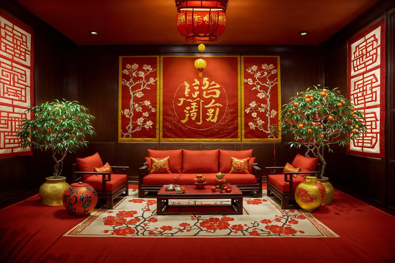 chinese new year-style (exhibition space interior) . with money tree and mei hwa flowers and kumquat trees and orange trees and zodiac calendar and chinese red lanterns and chinese knots and red fabric & pillows. . cinematic photo, highly detailed, cinematic lighting, ultra-detailed, ultrarealistic, photorealism, 8k. chinese new year interior design style. masterpiece, cinematic light, ultrarealistic+, photorealistic+, 8k, raw photo, realistic, sharp focus on eyes, (symmetrical eyes), (intact eyes), hyperrealistic, highest quality, best quality, , highly detailed, masterpiece, best quality, extremely detailed 8k wallpaper, masterpiece, best quality, ultra-detailed, best shadow, detailed background, detailed face, detailed eyes, high contrast, best illumination, detailed face, dulux, caustic, dynamic angle, detailed glow. dramatic lighting. highly detailed, insanely detailed hair, symmetrical, intricate details, professionally retouched, 8k high definition. strong bokeh. award winning photo.