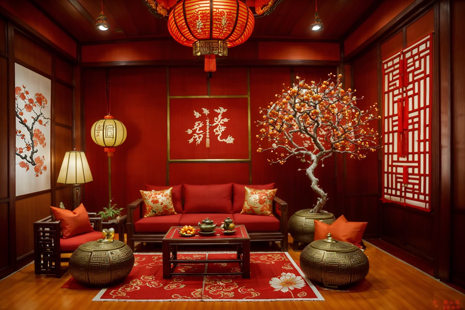 chinese new year-style (exhibition space interior) . with money tree and mei hwa flowers and kumquat trees and orange trees and zodiac calendar and chinese red lanterns and chinese knots and red fabric & pillows. . cinematic photo, highly detailed, cinematic lighting, ultra-detailed, ultrarealistic, photorealism, 8k. chinese new year interior design style. masterpiece, cinematic light, ultrarealistic+, photorealistic+, 8k, raw photo, realistic, sharp focus on eyes, (symmetrical eyes), (intact eyes), hyperrealistic, highest quality, best quality, , highly detailed, masterpiece, best quality, extremely detailed 8k wallpaper, masterpiece, best quality, ultra-detailed, best shadow, detailed background, detailed face, detailed eyes, high contrast, best illumination, detailed face, dulux, caustic, dynamic angle, detailed glow. dramatic lighting. highly detailed, insanely detailed hair, symmetrical, intricate details, professionally retouched, 8k high definition. strong bokeh. award winning photo.