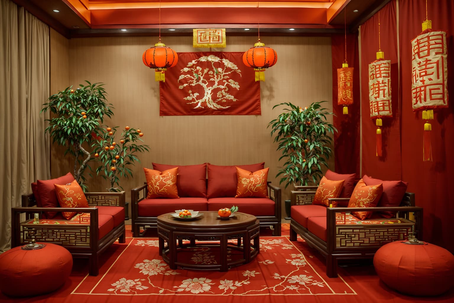 chinese new year-style (exhibition space interior) . with money tree and mei hwa flowers and kumquat trees and orange trees and zodiac calendar and chinese red lanterns and chinese knots and red fabric & pillows. . cinematic photo, highly detailed, cinematic lighting, ultra-detailed, ultrarealistic, photorealism, 8k. chinese new year interior design style. masterpiece, cinematic light, ultrarealistic+, photorealistic+, 8k, raw photo, realistic, sharp focus on eyes, (symmetrical eyes), (intact eyes), hyperrealistic, highest quality, best quality, , highly detailed, masterpiece, best quality, extremely detailed 8k wallpaper, masterpiece, best quality, ultra-detailed, best shadow, detailed background, detailed face, detailed eyes, high contrast, best illumination, detailed face, dulux, caustic, dynamic angle, detailed glow. dramatic lighting. highly detailed, insanely detailed hair, symmetrical, intricate details, professionally retouched, 8k high definition. strong bokeh. award winning photo.