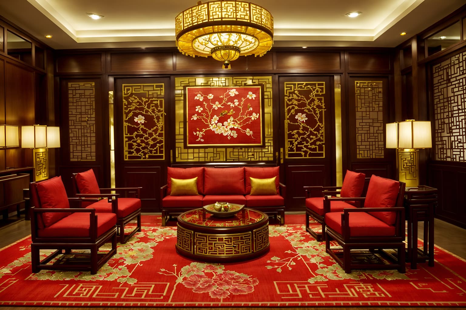 chinese new year-style (hotel lobby interior) with plant and sofas and coffee tables and rug and lounge chairs and check in desk and hanging lamps and furniture. . with vases of plum blossoms and orchids and paper cuttings and zodiac calendar and door couplets and red and gold tassels and paper firecrackers and red and gold candles and mei hwa flowers. . cinematic photo, highly detailed, cinematic lighting, ultra-detailed, ultrarealistic, photorealism, 8k. chinese new year interior design style. masterpiece, cinematic light, ultrarealistic+, photorealistic+, 8k, raw photo, realistic, sharp focus on eyes, (symmetrical eyes), (intact eyes), hyperrealistic, highest quality, best quality, , highly detailed, masterpiece, best quality, extremely detailed 8k wallpaper, masterpiece, best quality, ultra-detailed, best shadow, detailed background, detailed face, detailed eyes, high contrast, best illumination, detailed face, dulux, caustic, dynamic angle, detailed glow. dramatic lighting. highly detailed, insanely detailed hair, symmetrical, intricate details, professionally retouched, 8k high definition. strong bokeh. award winning photo.