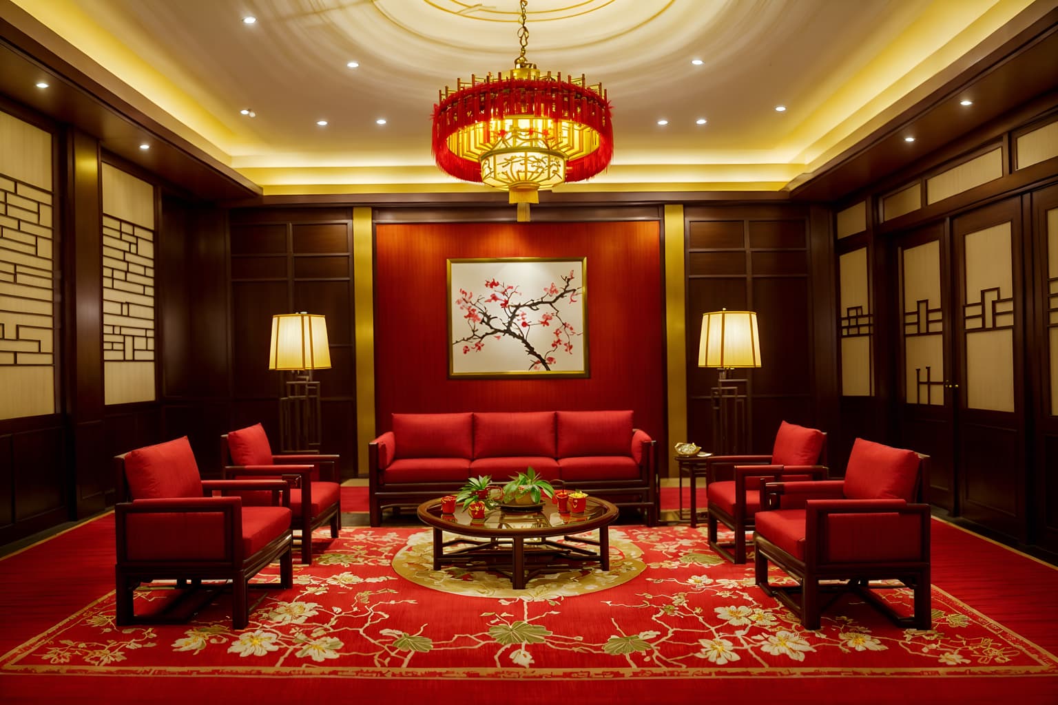 chinese new year-style (hotel lobby interior) with plant and sofas and coffee tables and rug and lounge chairs and check in desk and hanging lamps and furniture. . with vases of plum blossoms and orchids and paper cuttings and zodiac calendar and door couplets and red and gold tassels and paper firecrackers and red and gold candles and mei hwa flowers. . cinematic photo, highly detailed, cinematic lighting, ultra-detailed, ultrarealistic, photorealism, 8k. chinese new year interior design style. masterpiece, cinematic light, ultrarealistic+, photorealistic+, 8k, raw photo, realistic, sharp focus on eyes, (symmetrical eyes), (intact eyes), hyperrealistic, highest quality, best quality, , highly detailed, masterpiece, best quality, extremely detailed 8k wallpaper, masterpiece, best quality, ultra-detailed, best shadow, detailed background, detailed face, detailed eyes, high contrast, best illumination, detailed face, dulux, caustic, dynamic angle, detailed glow. dramatic lighting. highly detailed, insanely detailed hair, symmetrical, intricate details, professionally retouched, 8k high definition. strong bokeh. award winning photo.