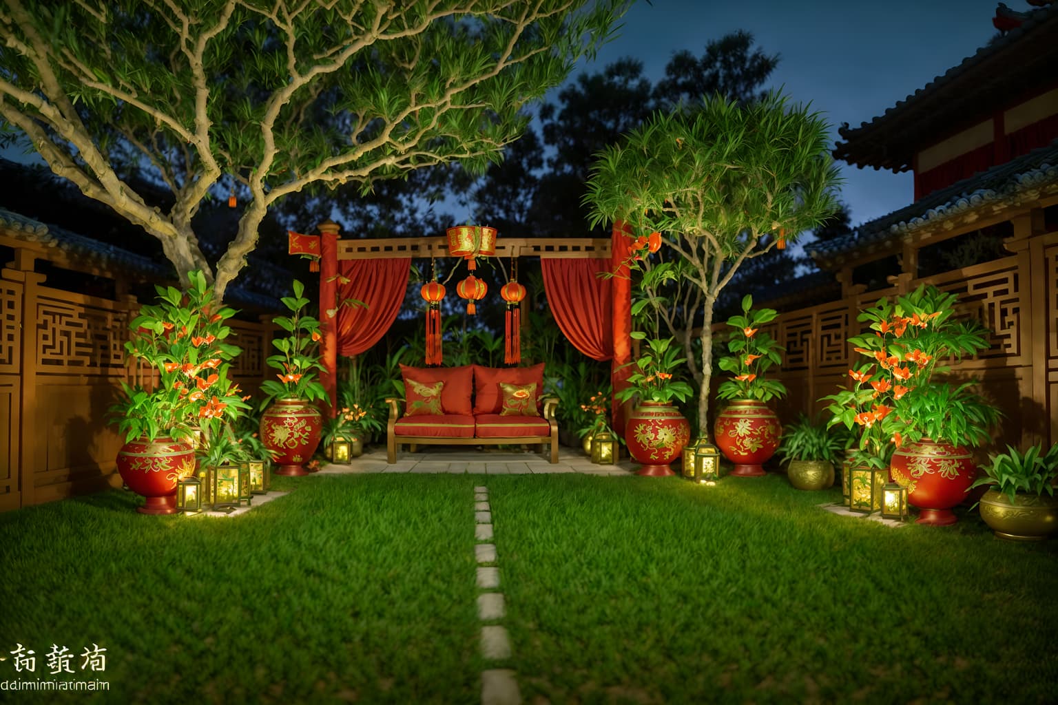 chinese new year-style designed (outdoor garden ) with garden plants and grass and garden tree and garden plants. . with money tree and orange trees and red and gold candles and red fabric & pillows and red and gold tassels and vases of plum blossoms and orchids and mei hwa flowers and zodiac calendar. . cinematic photo, highly detailed, cinematic lighting, ultra-detailed, ultrarealistic, photorealism, 8k. chinese new year design style. masterpiece, cinematic light, ultrarealistic+, photorealistic+, 8k, raw photo, realistic, sharp focus on eyes, (symmetrical eyes), (intact eyes), hyperrealistic, highest quality, best quality, , highly detailed, masterpiece, best quality, extremely detailed 8k wallpaper, masterpiece, best quality, ultra-detailed, best shadow, detailed background, detailed face, detailed eyes, high contrast, best illumination, detailed face, dulux, caustic, dynamic angle, detailed glow. dramatic lighting. highly detailed, insanely detailed hair, symmetrical, intricate details, professionally retouched, 8k high definition. strong bokeh. award winning photo.