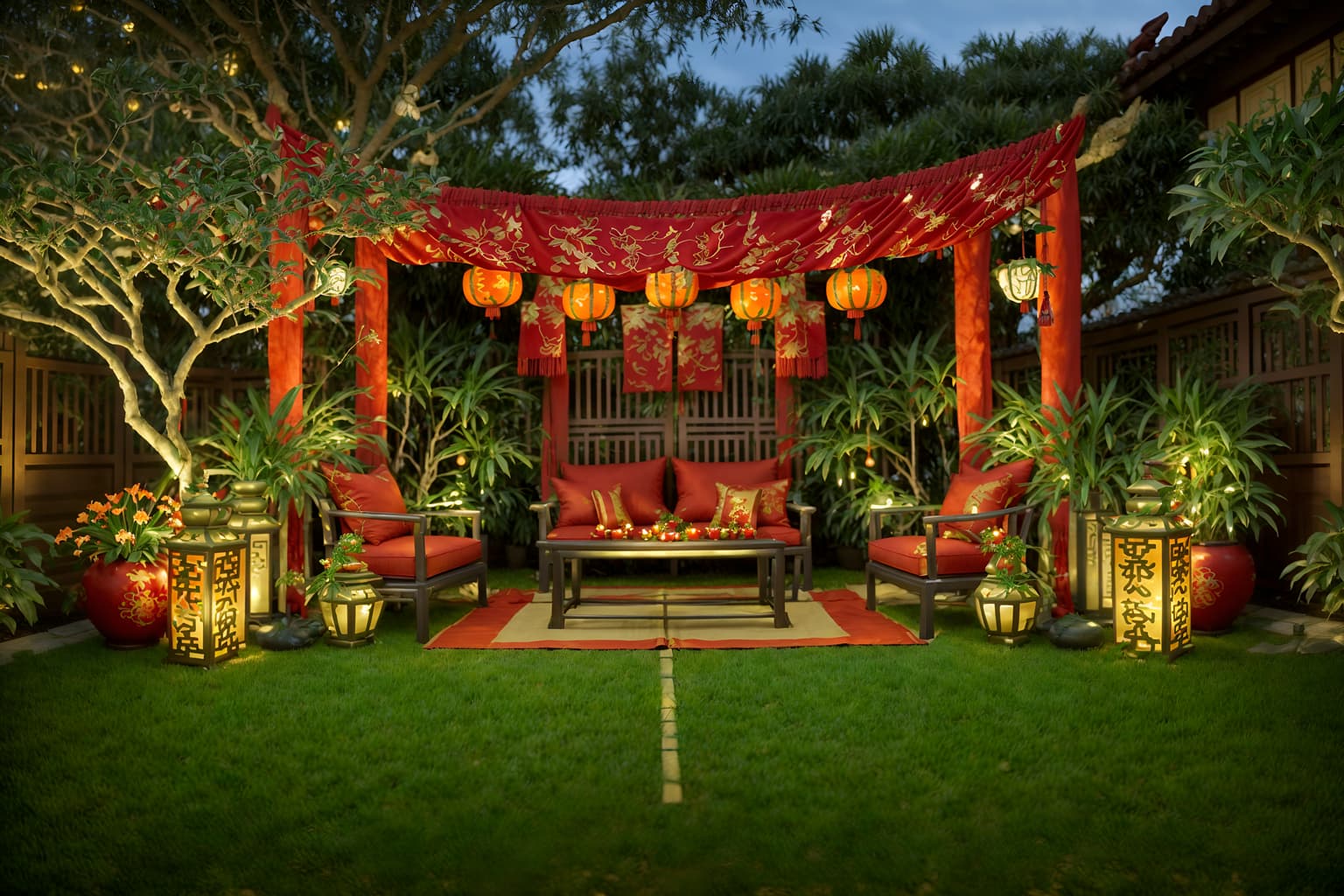 chinese new year-style designed (outdoor garden ) with garden plants and grass and garden tree and garden plants. . with money tree and orange trees and red and gold candles and red fabric & pillows and red and gold tassels and vases of plum blossoms and orchids and mei hwa flowers and zodiac calendar. . cinematic photo, highly detailed, cinematic lighting, ultra-detailed, ultrarealistic, photorealism, 8k. chinese new year design style. masterpiece, cinematic light, ultrarealistic+, photorealistic+, 8k, raw photo, realistic, sharp focus on eyes, (symmetrical eyes), (intact eyes), hyperrealistic, highest quality, best quality, , highly detailed, masterpiece, best quality, extremely detailed 8k wallpaper, masterpiece, best quality, ultra-detailed, best shadow, detailed background, detailed face, detailed eyes, high contrast, best illumination, detailed face, dulux, caustic, dynamic angle, detailed glow. dramatic lighting. highly detailed, insanely detailed hair, symmetrical, intricate details, professionally retouched, 8k high definition. strong bokeh. award winning photo.
