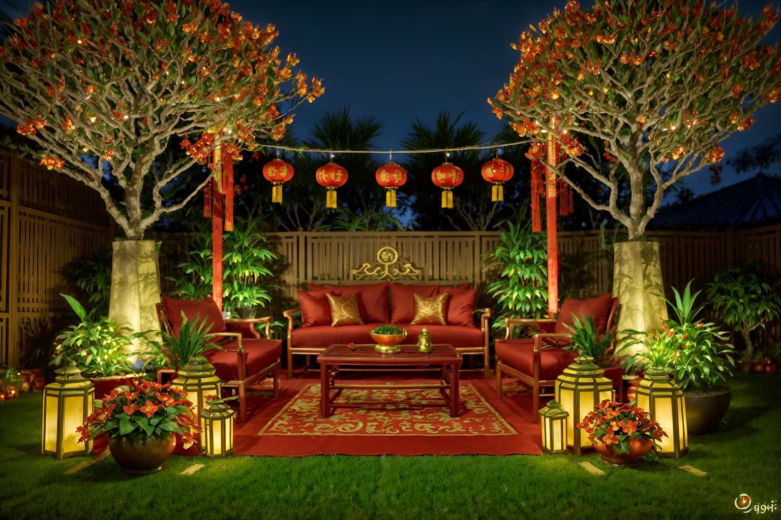 chinese new year-style designed (outdoor garden ) with garden plants and grass and garden tree and garden plants. . with money tree and orange trees and red and gold candles and red fabric & pillows and red and gold tassels and vases of plum blossoms and orchids and mei hwa flowers and zodiac calendar. . cinematic photo, highly detailed, cinematic lighting, ultra-detailed, ultrarealistic, photorealism, 8k. chinese new year design style. masterpiece, cinematic light, ultrarealistic+, photorealistic+, 8k, raw photo, realistic, sharp focus on eyes, (symmetrical eyes), (intact eyes), hyperrealistic, highest quality, best quality, , highly detailed, masterpiece, best quality, extremely detailed 8k wallpaper, masterpiece, best quality, ultra-detailed, best shadow, detailed background, detailed face, detailed eyes, high contrast, best illumination, detailed face, dulux, caustic, dynamic angle, detailed glow. dramatic lighting. highly detailed, insanely detailed hair, symmetrical, intricate details, professionally retouched, 8k high definition. strong bokeh. award winning photo.