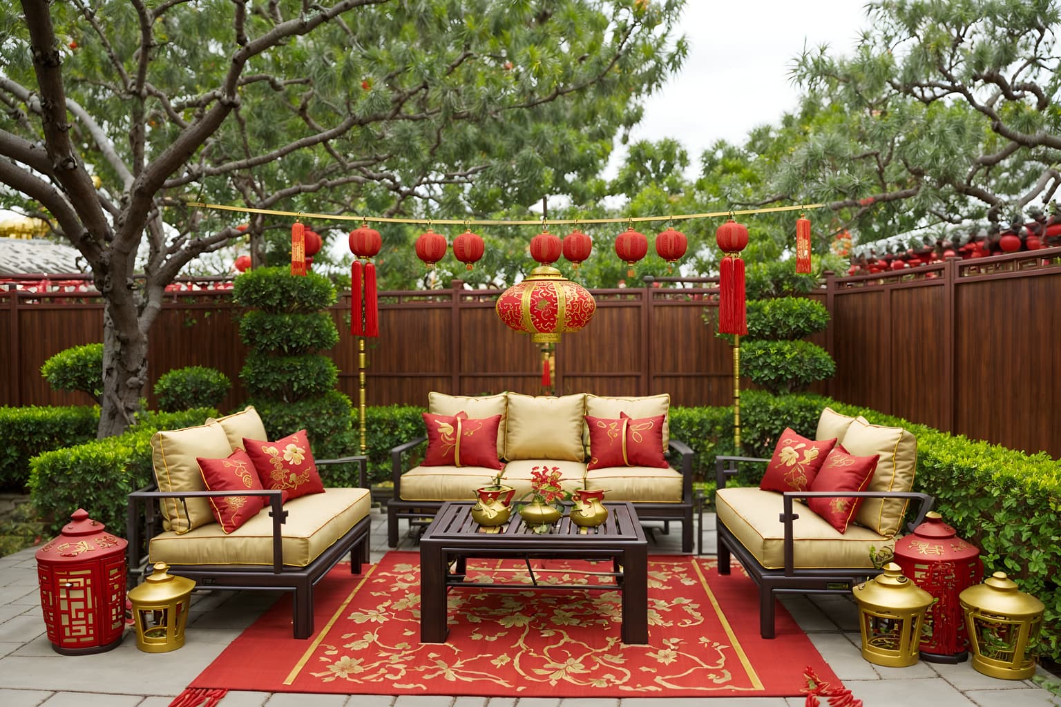 chinese new year-style designed (outdoor patio ) with barbeque or grill and plant and grass and deck with deck chairs and patio couch with pillows and barbeque or grill. . with red and gold tassels and chinese knots and money tree and vases of plum blossoms and orchids and mei hwa flowers and paper cuttings and red and gold candles and zodiac calendar. . cinematic photo, highly detailed, cinematic lighting, ultra-detailed, ultrarealistic, photorealism, 8k. chinese new year design style. masterpiece, cinematic light, ultrarealistic+, photorealistic+, 8k, raw photo, realistic, sharp focus on eyes, (symmetrical eyes), (intact eyes), hyperrealistic, highest quality, best quality, , highly detailed, masterpiece, best quality, extremely detailed 8k wallpaper, masterpiece, best quality, ultra-detailed, best shadow, detailed background, detailed face, detailed eyes, high contrast, best illumination, detailed face, dulux, caustic, dynamic angle, detailed glow. dramatic lighting. highly detailed, insanely detailed hair, symmetrical, intricate details, professionally retouched, 8k high definition. strong bokeh. award winning photo.