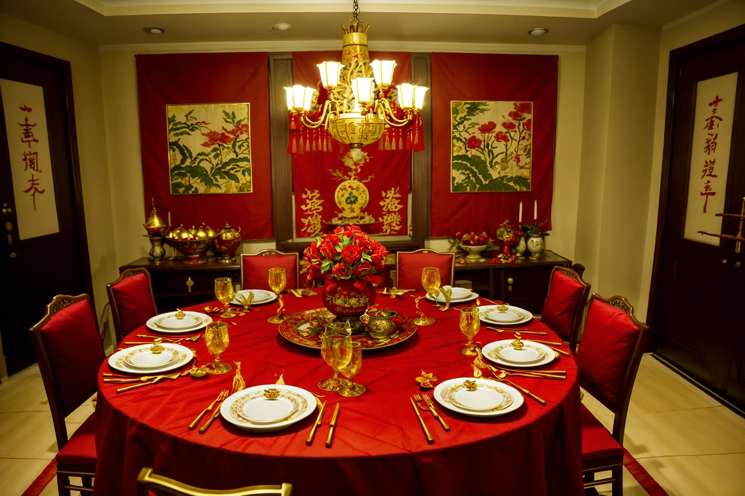 chinese new year-style (dining room interior) with painting or photo on wall and plant and vase and dining table chairs and dining table and light or chandelier and table cloth and plates, cutlery and glasses on dining table. . with fai chun banners and red and gold candles and red and gold tassels and red fabric & pillows and gold ingots and door couplets and kumquat trees and chinese knots. . cinematic photo, highly detailed, cinematic lighting, ultra-detailed, ultrarealistic, photorealism, 8k. chinese new year interior design style. masterpiece, cinematic light, ultrarealistic+, photorealistic+, 8k, raw photo, realistic, sharp focus on eyes, (symmetrical eyes), (intact eyes), hyperrealistic, highest quality, best quality, , highly detailed, masterpiece, best quality, extremely detailed 8k wallpaper, masterpiece, best quality, ultra-detailed, best shadow, detailed background, detailed face, detailed eyes, high contrast, best illumination, detailed face, dulux, caustic, dynamic angle, detailed glow. dramatic lighting. highly detailed, insanely detailed hair, symmetrical, intricate details, professionally retouched, 8k high definition. strong bokeh. award winning photo.