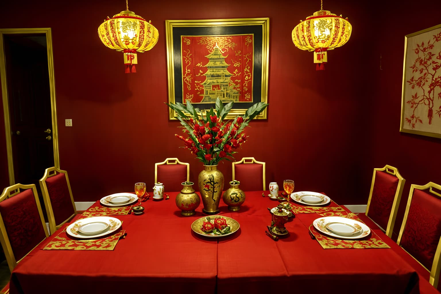 chinese new year-style (dining room interior) with painting or photo on wall and plant and vase and dining table chairs and dining table and light or chandelier and table cloth and plates, cutlery and glasses on dining table. . with fai chun banners and red and gold candles and red and gold tassels and red fabric & pillows and gold ingots and door couplets and kumquat trees and chinese knots. . cinematic photo, highly detailed, cinematic lighting, ultra-detailed, ultrarealistic, photorealism, 8k. chinese new year interior design style. masterpiece, cinematic light, ultrarealistic+, photorealistic+, 8k, raw photo, realistic, sharp focus on eyes, (symmetrical eyes), (intact eyes), hyperrealistic, highest quality, best quality, , highly detailed, masterpiece, best quality, extremely detailed 8k wallpaper, masterpiece, best quality, ultra-detailed, best shadow, detailed background, detailed face, detailed eyes, high contrast, best illumination, detailed face, dulux, caustic, dynamic angle, detailed glow. dramatic lighting. highly detailed, insanely detailed hair, symmetrical, intricate details, professionally retouched, 8k high definition. strong bokeh. award winning photo.