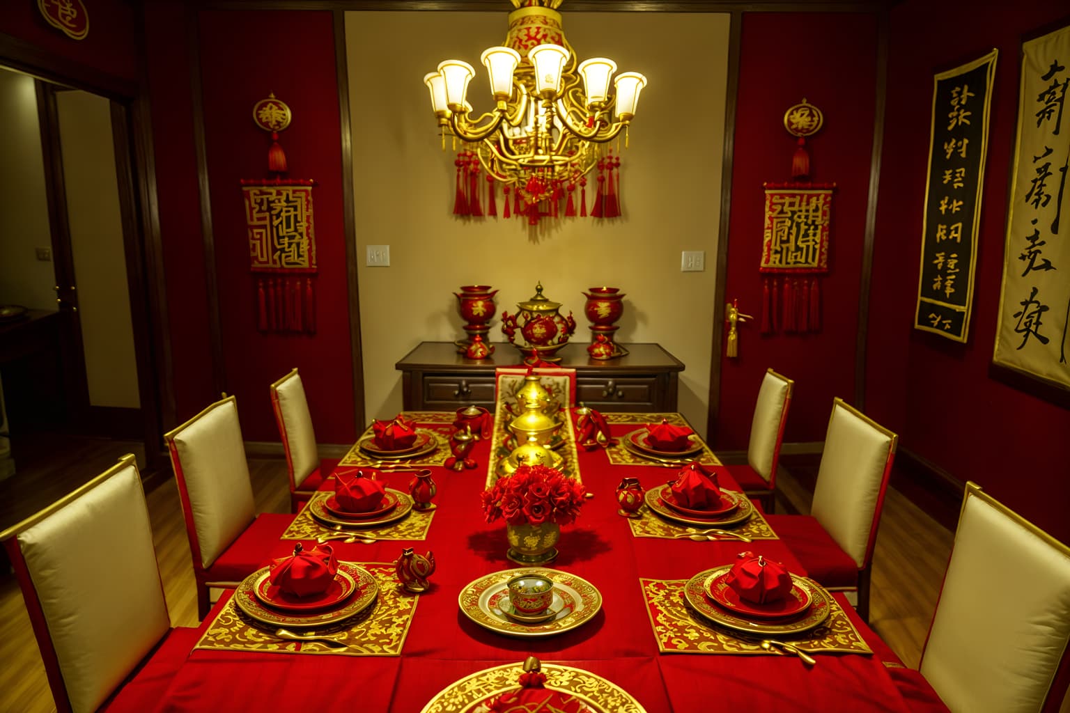 chinese new year-style (dining room interior) with painting or photo on wall and plant and vase and dining table chairs and dining table and light or chandelier and table cloth and plates, cutlery and glasses on dining table. . with fai chun banners and red and gold candles and red and gold tassels and red fabric & pillows and gold ingots and door couplets and kumquat trees and chinese knots. . cinematic photo, highly detailed, cinematic lighting, ultra-detailed, ultrarealistic, photorealism, 8k. chinese new year interior design style. masterpiece, cinematic light, ultrarealistic+, photorealistic+, 8k, raw photo, realistic, sharp focus on eyes, (symmetrical eyes), (intact eyes), hyperrealistic, highest quality, best quality, , highly detailed, masterpiece, best quality, extremely detailed 8k wallpaper, masterpiece, best quality, ultra-detailed, best shadow, detailed background, detailed face, detailed eyes, high contrast, best illumination, detailed face, dulux, caustic, dynamic angle, detailed glow. dramatic lighting. highly detailed, insanely detailed hair, symmetrical, intricate details, professionally retouched, 8k high definition. strong bokeh. award winning photo.