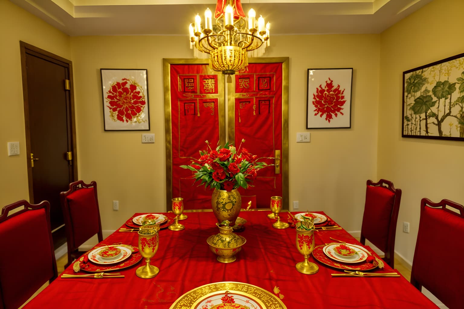 chinese new year-style (dining room interior) with painting or photo on wall and plant and vase and dining table chairs and dining table and light or chandelier and table cloth and plates, cutlery and glasses on dining table. . with fai chun banners and red and gold candles and red and gold tassels and red fabric & pillows and gold ingots and door couplets and kumquat trees and chinese knots. . cinematic photo, highly detailed, cinematic lighting, ultra-detailed, ultrarealistic, photorealism, 8k. chinese new year interior design style. masterpiece, cinematic light, ultrarealistic+, photorealistic+, 8k, raw photo, realistic, sharp focus on eyes, (symmetrical eyes), (intact eyes), hyperrealistic, highest quality, best quality, , highly detailed, masterpiece, best quality, extremely detailed 8k wallpaper, masterpiece, best quality, ultra-detailed, best shadow, detailed background, detailed face, detailed eyes, high contrast, best illumination, detailed face, dulux, caustic, dynamic angle, detailed glow. dramatic lighting. highly detailed, insanely detailed hair, symmetrical, intricate details, professionally retouched, 8k high definition. strong bokeh. award winning photo.