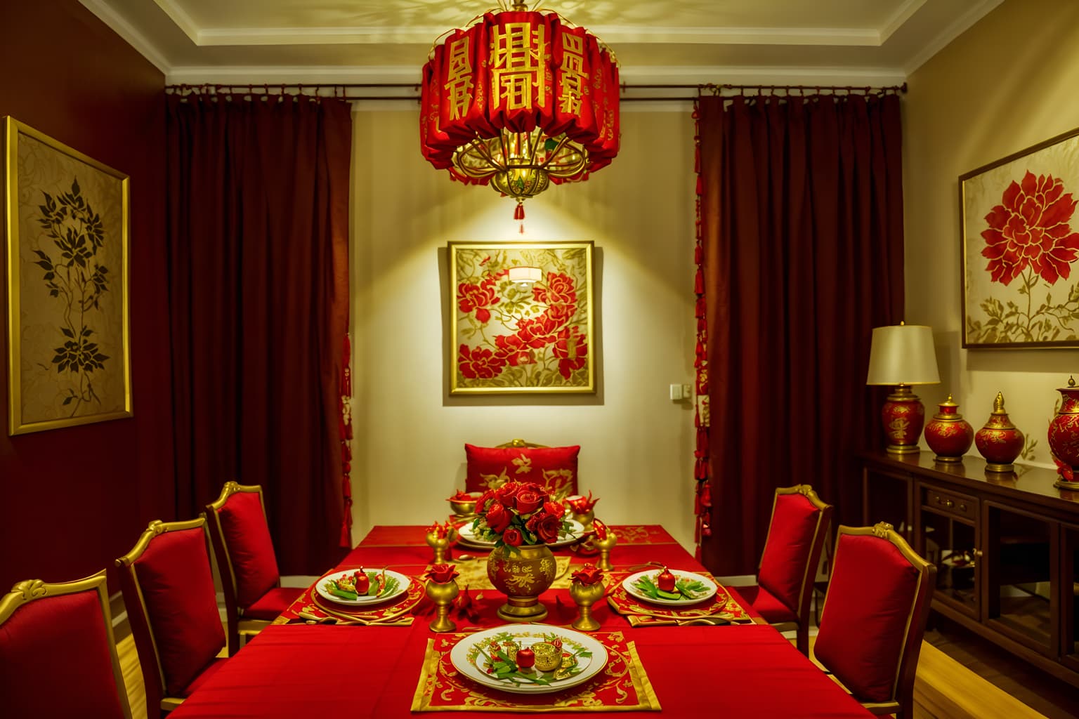 chinese new year-style (dining room interior) with painting or photo on wall and plant and vase and dining table chairs and dining table and light or chandelier and table cloth and plates, cutlery and glasses on dining table. . with fai chun banners and red and gold candles and red and gold tassels and red fabric & pillows and gold ingots and door couplets and kumquat trees and chinese knots. . cinematic photo, highly detailed, cinematic lighting, ultra-detailed, ultrarealistic, photorealism, 8k. chinese new year interior design style. masterpiece, cinematic light, ultrarealistic+, photorealistic+, 8k, raw photo, realistic, sharp focus on eyes, (symmetrical eyes), (intact eyes), hyperrealistic, highest quality, best quality, , highly detailed, masterpiece, best quality, extremely detailed 8k wallpaper, masterpiece, best quality, ultra-detailed, best shadow, detailed background, detailed face, detailed eyes, high contrast, best illumination, detailed face, dulux, caustic, dynamic angle, detailed glow. dramatic lighting. highly detailed, insanely detailed hair, symmetrical, intricate details, professionally retouched, 8k high definition. strong bokeh. award winning photo.