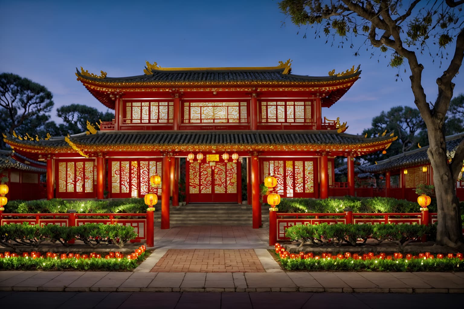 chinese new year-style exterior designed (house exterior exterior) . with red and gold candles and orange trees and zodiac calendar and vases of plum blossoms and orchids and chinese red lanterns and door couplets and red and gold tassels and kumquat trees. . cinematic photo, highly detailed, cinematic lighting, ultra-detailed, ultrarealistic, photorealism, 8k. chinese new year exterior design style. masterpiece, cinematic light, ultrarealistic+, photorealistic+, 8k, raw photo, realistic, sharp focus on eyes, (symmetrical eyes), (intact eyes), hyperrealistic, highest quality, best quality, , highly detailed, masterpiece, best quality, extremely detailed 8k wallpaper, masterpiece, best quality, ultra-detailed, best shadow, detailed background, detailed face, detailed eyes, high contrast, best illumination, detailed face, dulux, caustic, dynamic angle, detailed glow. dramatic lighting. highly detailed, insanely detailed hair, symmetrical, intricate details, professionally retouched, 8k high definition. strong bokeh. award winning photo.