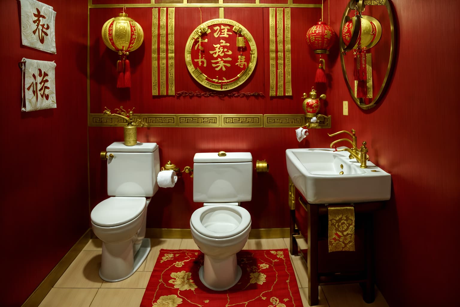 chinese new year-style (toilet interior) with sink with tap and toilet with toilet seat up and toilet paper hanger and sink with tap. . with zodiac calendar and chinese red lanterns and red and gold candles and money tree and paper firecrackers and red and gold tassels and gold ingots and red fabric & pillows. . cinematic photo, highly detailed, cinematic lighting, ultra-detailed, ultrarealistic, photorealism, 8k. chinese new year interior design style. masterpiece, cinematic light, ultrarealistic+, photorealistic+, 8k, raw photo, realistic, sharp focus on eyes, (symmetrical eyes), (intact eyes), hyperrealistic, highest quality, best quality, , highly detailed, masterpiece, best quality, extremely detailed 8k wallpaper, masterpiece, best quality, ultra-detailed, best shadow, detailed background, detailed face, detailed eyes, high contrast, best illumination, detailed face, dulux, caustic, dynamic angle, detailed glow. dramatic lighting. highly detailed, insanely detailed hair, symmetrical, intricate details, professionally retouched, 8k high definition. strong bokeh. award winning photo.