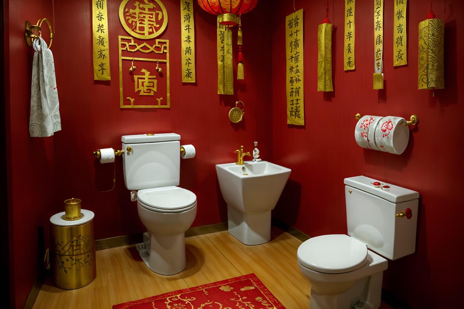 chinese new year-style (toilet interior) with sink with tap and toilet with toilet seat up and toilet paper hanger and sink with tap. . with zodiac calendar and chinese red lanterns and red and gold candles and money tree and paper firecrackers and red and gold tassels and gold ingots and red fabric & pillows. . cinematic photo, highly detailed, cinematic lighting, ultra-detailed, ultrarealistic, photorealism, 8k. chinese new year interior design style. masterpiece, cinematic light, ultrarealistic+, photorealistic+, 8k, raw photo, realistic, sharp focus on eyes, (symmetrical eyes), (intact eyes), hyperrealistic, highest quality, best quality, , highly detailed, masterpiece, best quality, extremely detailed 8k wallpaper, masterpiece, best quality, ultra-detailed, best shadow, detailed background, detailed face, detailed eyes, high contrast, best illumination, detailed face, dulux, caustic, dynamic angle, detailed glow. dramatic lighting. highly detailed, insanely detailed hair, symmetrical, intricate details, professionally retouched, 8k high definition. strong bokeh. award winning photo.