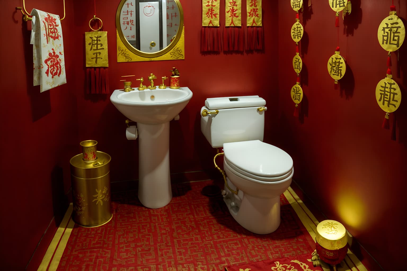 chinese new year-style (toilet interior) with sink with tap and toilet with toilet seat up and toilet paper hanger and sink with tap. . with zodiac calendar and chinese red lanterns and red and gold candles and money tree and paper firecrackers and red and gold tassels and gold ingots and red fabric & pillows. . cinematic photo, highly detailed, cinematic lighting, ultra-detailed, ultrarealistic, photorealism, 8k. chinese new year interior design style. masterpiece, cinematic light, ultrarealistic+, photorealistic+, 8k, raw photo, realistic, sharp focus on eyes, (symmetrical eyes), (intact eyes), hyperrealistic, highest quality, best quality, , highly detailed, masterpiece, best quality, extremely detailed 8k wallpaper, masterpiece, best quality, ultra-detailed, best shadow, detailed background, detailed face, detailed eyes, high contrast, best illumination, detailed face, dulux, caustic, dynamic angle, detailed glow. dramatic lighting. highly detailed, insanely detailed hair, symmetrical, intricate details, professionally retouched, 8k high definition. strong bokeh. award winning photo.