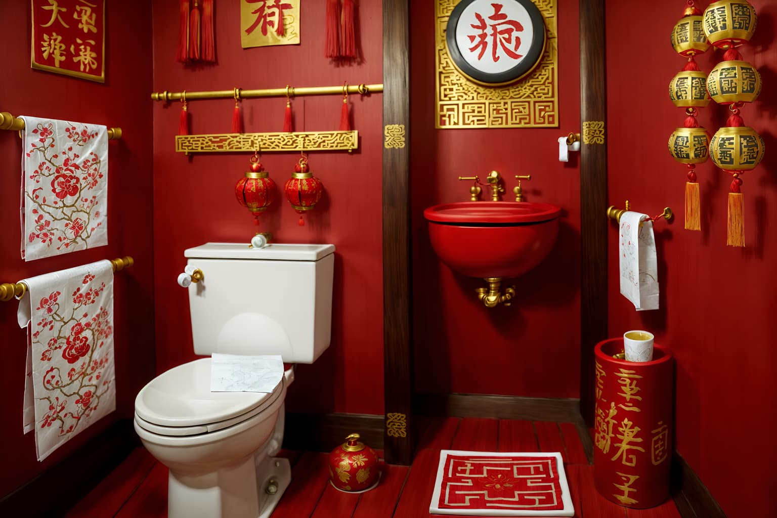 chinese new year-style (toilet interior) with sink with tap and toilet with toilet seat up and toilet paper hanger and sink with tap. . with zodiac calendar and chinese red lanterns and red and gold candles and money tree and paper firecrackers and red and gold tassels and gold ingots and red fabric & pillows. . cinematic photo, highly detailed, cinematic lighting, ultra-detailed, ultrarealistic, photorealism, 8k. chinese new year interior design style. masterpiece, cinematic light, ultrarealistic+, photorealistic+, 8k, raw photo, realistic, sharp focus on eyes, (symmetrical eyes), (intact eyes), hyperrealistic, highest quality, best quality, , highly detailed, masterpiece, best quality, extremely detailed 8k wallpaper, masterpiece, best quality, ultra-detailed, best shadow, detailed background, detailed face, detailed eyes, high contrast, best illumination, detailed face, dulux, caustic, dynamic angle, detailed glow. dramatic lighting. highly detailed, insanely detailed hair, symmetrical, intricate details, professionally retouched, 8k high definition. strong bokeh. award winning photo.