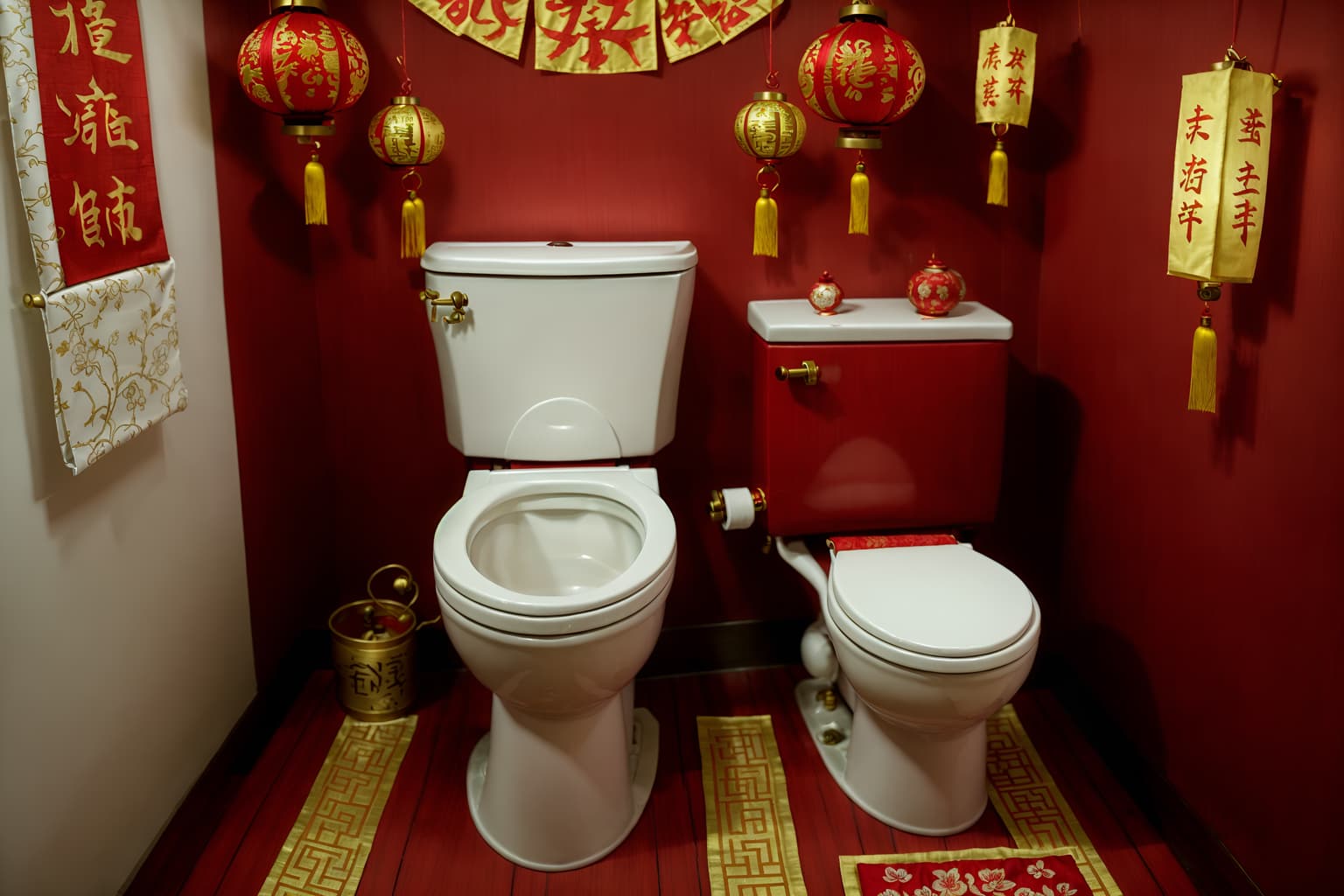 chinese new year-style (toilet interior) with sink with tap and toilet with toilet seat up and toilet paper hanger and sink with tap. . with zodiac calendar and chinese red lanterns and red and gold candles and money tree and paper firecrackers and red and gold tassels and gold ingots and red fabric & pillows. . cinematic photo, highly detailed, cinematic lighting, ultra-detailed, ultrarealistic, photorealism, 8k. chinese new year interior design style. masterpiece, cinematic light, ultrarealistic+, photorealistic+, 8k, raw photo, realistic, sharp focus on eyes, (symmetrical eyes), (intact eyes), hyperrealistic, highest quality, best quality, , highly detailed, masterpiece, best quality, extremely detailed 8k wallpaper, masterpiece, best quality, ultra-detailed, best shadow, detailed background, detailed face, detailed eyes, high contrast, best illumination, detailed face, dulux, caustic, dynamic angle, detailed glow. dramatic lighting. highly detailed, insanely detailed hair, symmetrical, intricate details, professionally retouched, 8k high definition. strong bokeh. award winning photo.