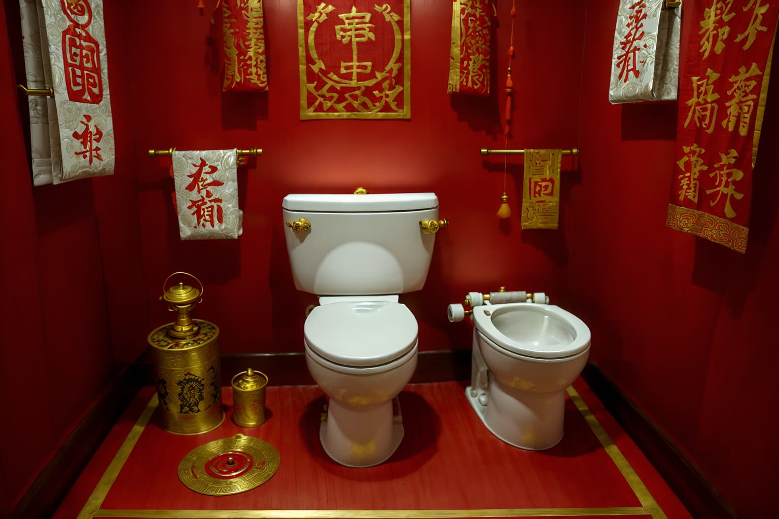 chinese new year-style (toilet interior) with sink with tap and toilet with toilet seat up and toilet paper hanger and sink with tap. . with zodiac calendar and chinese red lanterns and red and gold candles and money tree and paper firecrackers and red and gold tassels and gold ingots and red fabric & pillows. . cinematic photo, highly detailed, cinematic lighting, ultra-detailed, ultrarealistic, photorealism, 8k. chinese new year interior design style. masterpiece, cinematic light, ultrarealistic+, photorealistic+, 8k, raw photo, realistic, sharp focus on eyes, (symmetrical eyes), (intact eyes), hyperrealistic, highest quality, best quality, , highly detailed, masterpiece, best quality, extremely detailed 8k wallpaper, masterpiece, best quality, ultra-detailed, best shadow, detailed background, detailed face, detailed eyes, high contrast, best illumination, detailed face, dulux, caustic, dynamic angle, detailed glow. dramatic lighting. highly detailed, insanely detailed hair, symmetrical, intricate details, professionally retouched, 8k high definition. strong bokeh. award winning photo.