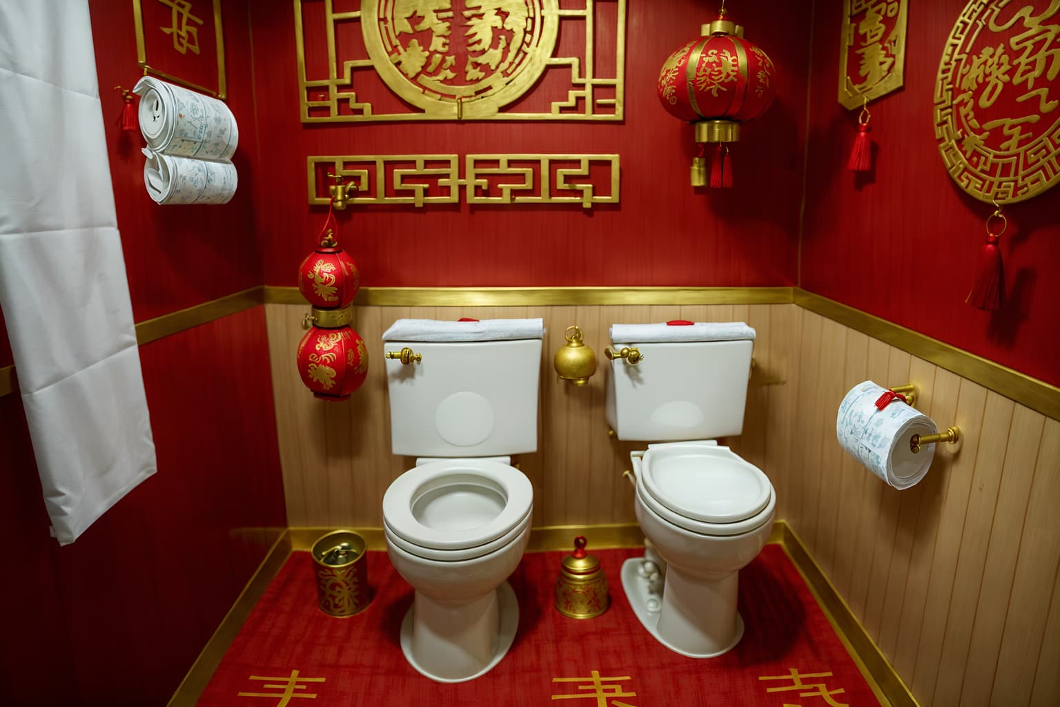 chinese new year-style (toilet interior) with sink with tap and toilet with toilet seat up and toilet paper hanger and sink with tap. . with zodiac calendar and chinese red lanterns and red and gold candles and money tree and paper firecrackers and red and gold tassels and gold ingots and red fabric & pillows. . cinematic photo, highly detailed, cinematic lighting, ultra-detailed, ultrarealistic, photorealism, 8k. chinese new year interior design style. masterpiece, cinematic light, ultrarealistic+, photorealistic+, 8k, raw photo, realistic, sharp focus on eyes, (symmetrical eyes), (intact eyes), hyperrealistic, highest quality, best quality, , highly detailed, masterpiece, best quality, extremely detailed 8k wallpaper, masterpiece, best quality, ultra-detailed, best shadow, detailed background, detailed face, detailed eyes, high contrast, best illumination, detailed face, dulux, caustic, dynamic angle, detailed glow. dramatic lighting. highly detailed, insanely detailed hair, symmetrical, intricate details, professionally retouched, 8k high definition. strong bokeh. award winning photo.