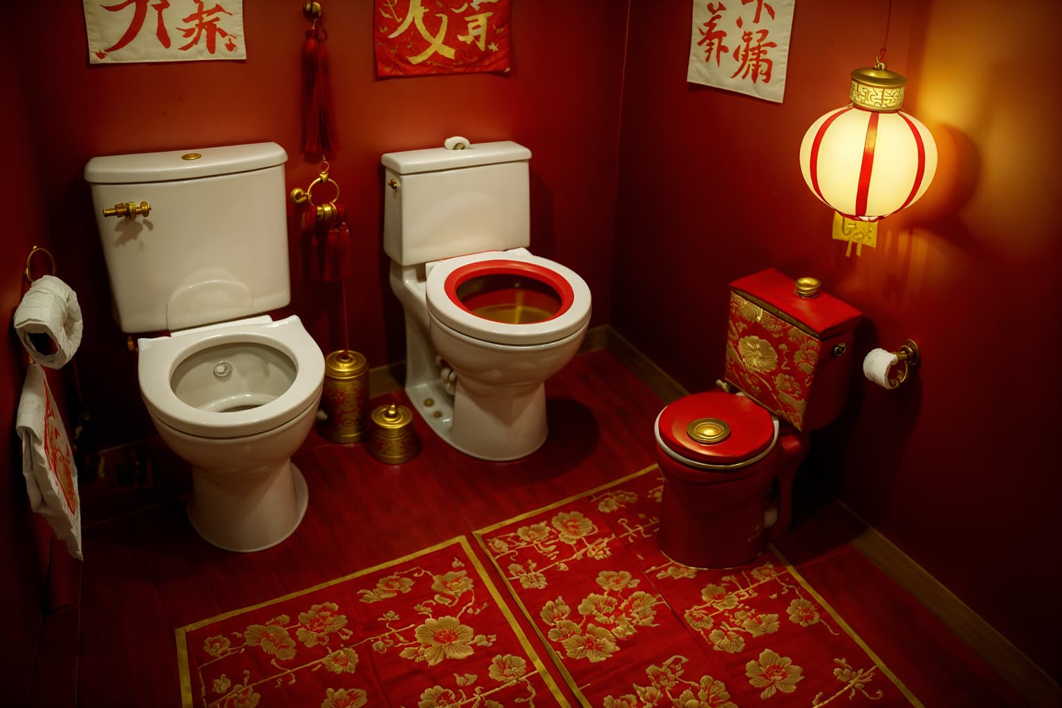 chinese new year-style (toilet interior) with sink with tap and toilet with toilet seat up and toilet paper hanger and sink with tap. . with zodiac calendar and chinese red lanterns and red and gold candles and money tree and paper firecrackers and red and gold tassels and gold ingots and red fabric & pillows. . cinematic photo, highly detailed, cinematic lighting, ultra-detailed, ultrarealistic, photorealism, 8k. chinese new year interior design style. masterpiece, cinematic light, ultrarealistic+, photorealistic+, 8k, raw photo, realistic, sharp focus on eyes, (symmetrical eyes), (intact eyes), hyperrealistic, highest quality, best quality, , highly detailed, masterpiece, best quality, extremely detailed 8k wallpaper, masterpiece, best quality, ultra-detailed, best shadow, detailed background, detailed face, detailed eyes, high contrast, best illumination, detailed face, dulux, caustic, dynamic angle, detailed glow. dramatic lighting. highly detailed, insanely detailed hair, symmetrical, intricate details, professionally retouched, 8k high definition. strong bokeh. award winning photo.