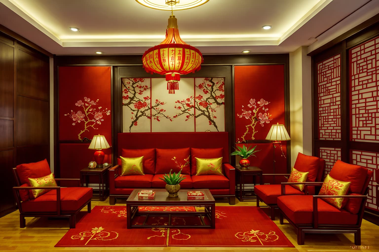 chinese new year-style (office interior) with office chairs and seating area with sofa and windows and cabinets and lounge chairs and office desks and desk lamps and computer desks. . with paper firecrackers and red and gold tassels and red fabric & pillows and red and gold candles and zodiac calendar and vases of plum blossoms and orchids and orange trees and gold ingots. . cinematic photo, highly detailed, cinematic lighting, ultra-detailed, ultrarealistic, photorealism, 8k. chinese new year interior design style. masterpiece, cinematic light, ultrarealistic+, photorealistic+, 8k, raw photo, realistic, sharp focus on eyes, (symmetrical eyes), (intact eyes), hyperrealistic, highest quality, best quality, , highly detailed, masterpiece, best quality, extremely detailed 8k wallpaper, masterpiece, best quality, ultra-detailed, best shadow, detailed background, detailed face, detailed eyes, high contrast, best illumination, detailed face, dulux, caustic, dynamic angle, detailed glow. dramatic lighting. highly detailed, insanely detailed hair, symmetrical, intricate details, professionally retouched, 8k high definition. strong bokeh. award winning photo.