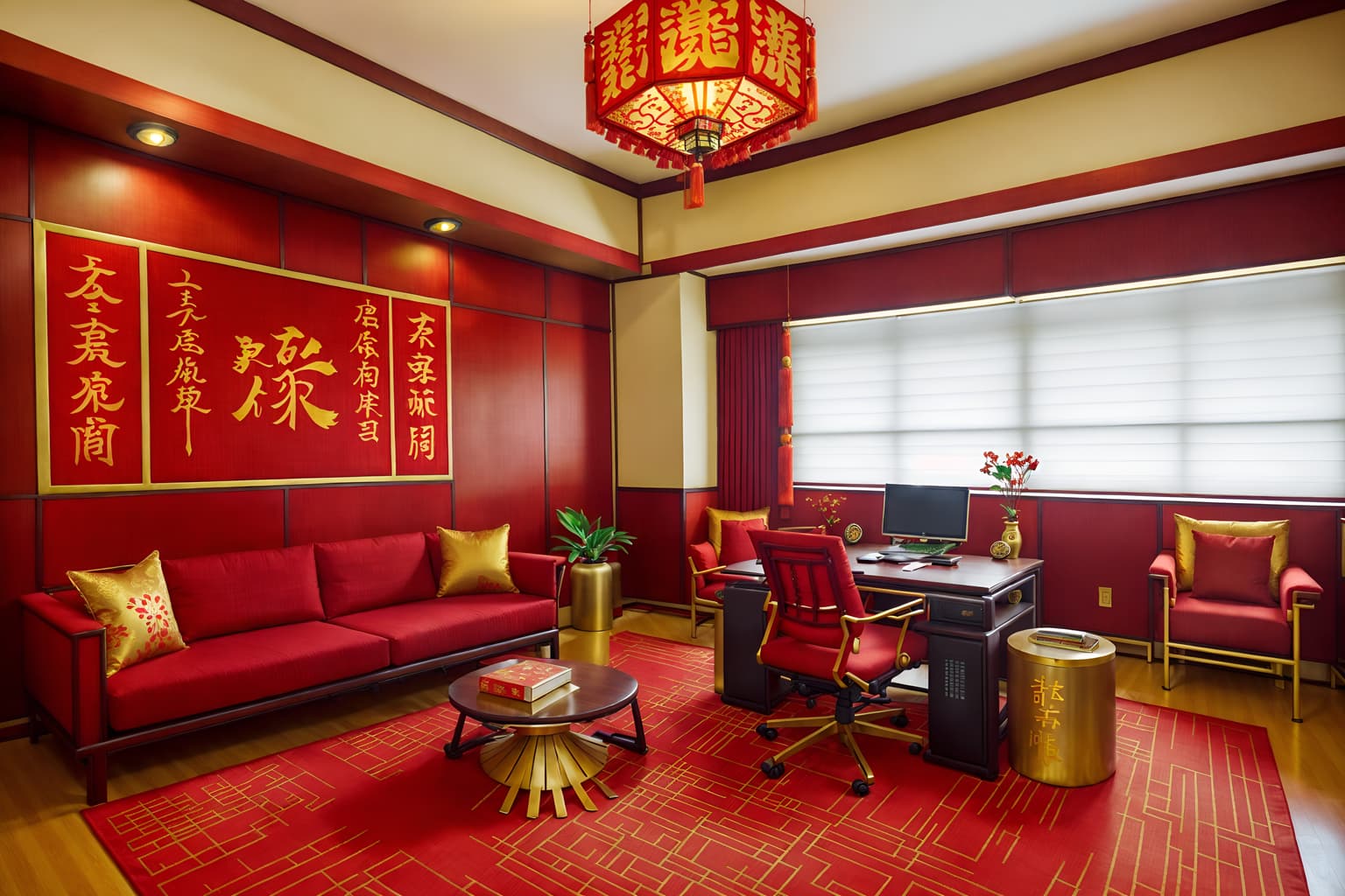 chinese new year-style (office interior) with office chairs and seating area with sofa and windows and cabinets and lounge chairs and office desks and desk lamps and computer desks. . with paper firecrackers and red and gold tassels and red fabric & pillows and red and gold candles and zodiac calendar and vases of plum blossoms and orchids and orange trees and gold ingots. . cinematic photo, highly detailed, cinematic lighting, ultra-detailed, ultrarealistic, photorealism, 8k. chinese new year interior design style. masterpiece, cinematic light, ultrarealistic+, photorealistic+, 8k, raw photo, realistic, sharp focus on eyes, (symmetrical eyes), (intact eyes), hyperrealistic, highest quality, best quality, , highly detailed, masterpiece, best quality, extremely detailed 8k wallpaper, masterpiece, best quality, ultra-detailed, best shadow, detailed background, detailed face, detailed eyes, high contrast, best illumination, detailed face, dulux, caustic, dynamic angle, detailed glow. dramatic lighting. highly detailed, insanely detailed hair, symmetrical, intricate details, professionally retouched, 8k high definition. strong bokeh. award winning photo.
