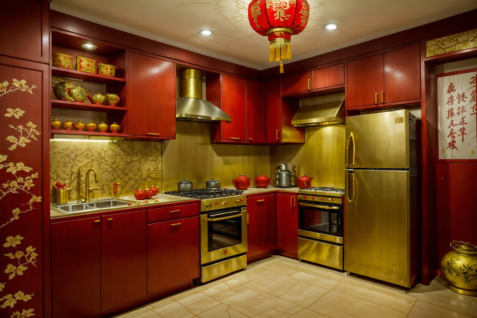chinese new year-style (kitchen interior) with plant and kitchen cabinets and refrigerator and stove and sink and worktops and plant. . with gold ingots and kumquat trees and paper firecrackers and vases of plum blossoms and orchids and door couplets and red fabric & pillows and chinese knots and chinese red lanterns. . cinematic photo, highly detailed, cinematic lighting, ultra-detailed, ultrarealistic, photorealism, 8k. chinese new year interior design style. masterpiece, cinematic light, ultrarealistic+, photorealistic+, 8k, raw photo, realistic, sharp focus on eyes, (symmetrical eyes), (intact eyes), hyperrealistic, highest quality, best quality, , highly detailed, masterpiece, best quality, extremely detailed 8k wallpaper, masterpiece, best quality, ultra-detailed, best shadow, detailed background, detailed face, detailed eyes, high contrast, best illumination, detailed face, dulux, caustic, dynamic angle, detailed glow. dramatic lighting. highly detailed, insanely detailed hair, symmetrical, intricate details, professionally retouched, 8k high definition. strong bokeh. award winning photo.