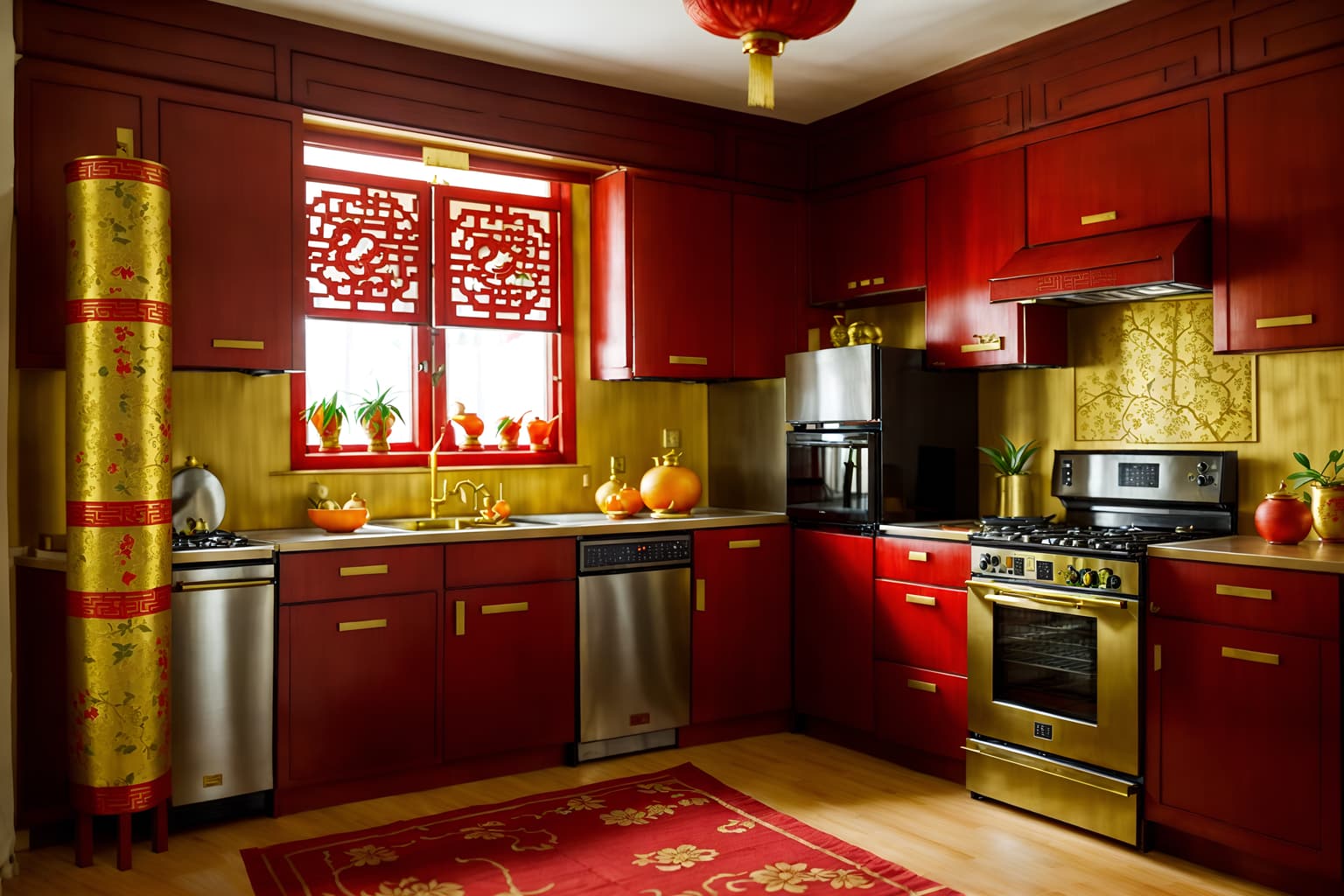 chinese new year-style (kitchen interior) with plant and kitchen cabinets and refrigerator and stove and sink and worktops and plant. . with gold ingots and kumquat trees and paper firecrackers and vases of plum blossoms and orchids and door couplets and red fabric & pillows and chinese knots and chinese red lanterns. . cinematic photo, highly detailed, cinematic lighting, ultra-detailed, ultrarealistic, photorealism, 8k. chinese new year interior design style. masterpiece, cinematic light, ultrarealistic+, photorealistic+, 8k, raw photo, realistic, sharp focus on eyes, (symmetrical eyes), (intact eyes), hyperrealistic, highest quality, best quality, , highly detailed, masterpiece, best quality, extremely detailed 8k wallpaper, masterpiece, best quality, ultra-detailed, best shadow, detailed background, detailed face, detailed eyes, high contrast, best illumination, detailed face, dulux, caustic, dynamic angle, detailed glow. dramatic lighting. highly detailed, insanely detailed hair, symmetrical, intricate details, professionally retouched, 8k high definition. strong bokeh. award winning photo.