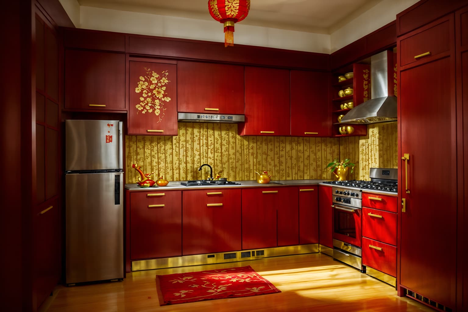 chinese new year-style (kitchen interior) with plant and kitchen cabinets and refrigerator and stove and sink and worktops and plant. . with gold ingots and kumquat trees and paper firecrackers and vases of plum blossoms and orchids and door couplets and red fabric & pillows and chinese knots and chinese red lanterns. . cinematic photo, highly detailed, cinematic lighting, ultra-detailed, ultrarealistic, photorealism, 8k. chinese new year interior design style. masterpiece, cinematic light, ultrarealistic+, photorealistic+, 8k, raw photo, realistic, sharp focus on eyes, (symmetrical eyes), (intact eyes), hyperrealistic, highest quality, best quality, , highly detailed, masterpiece, best quality, extremely detailed 8k wallpaper, masterpiece, best quality, ultra-detailed, best shadow, detailed background, detailed face, detailed eyes, high contrast, best illumination, detailed face, dulux, caustic, dynamic angle, detailed glow. dramatic lighting. highly detailed, insanely detailed hair, symmetrical, intricate details, professionally retouched, 8k high definition. strong bokeh. award winning photo.