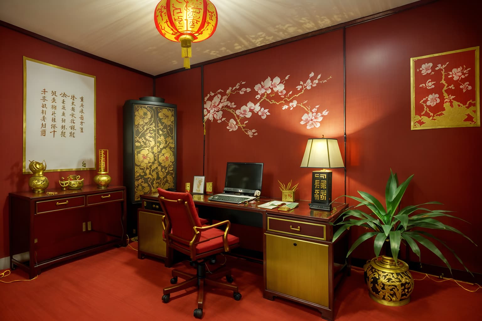 chinese new year-style (home office interior) with office chair and desk lamp and computer desk and cabinets and plant and office chair. . with fai chun banners and paper cuttings and mei hwa flowers and zodiac calendar and vases of plum blossoms and orchids and red and gold candles and gold ingots and chinese red lanterns. . cinematic photo, highly detailed, cinematic lighting, ultra-detailed, ultrarealistic, photorealism, 8k. chinese new year interior design style. masterpiece, cinematic light, ultrarealistic+, photorealistic+, 8k, raw photo, realistic, sharp focus on eyes, (symmetrical eyes), (intact eyes), hyperrealistic, highest quality, best quality, , highly detailed, masterpiece, best quality, extremely detailed 8k wallpaper, masterpiece, best quality, ultra-detailed, best shadow, detailed background, detailed face, detailed eyes, high contrast, best illumination, detailed face, dulux, caustic, dynamic angle, detailed glow. dramatic lighting. highly detailed, insanely detailed hair, symmetrical, intricate details, professionally retouched, 8k high definition. strong bokeh. award winning photo.