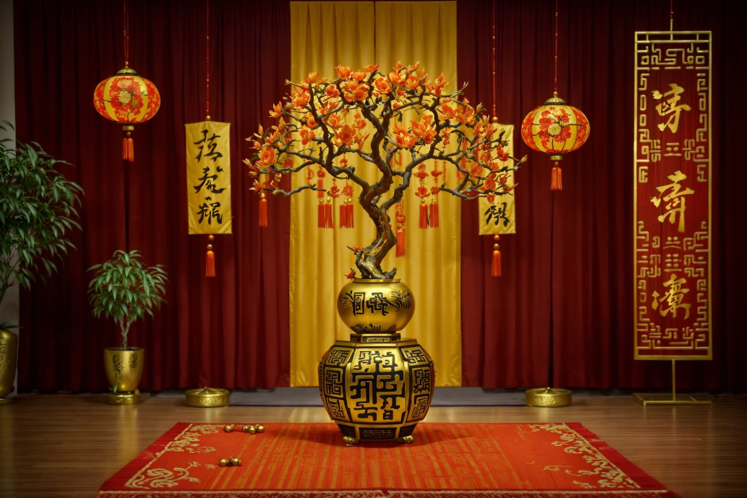 chinese new year-style (clothing store interior) . with fai chun banners and mei hwa flowers and chinese knots and gold ingots and orange trees and money tree and red and gold tassels and zodiac calendar. . cinematic photo, highly detailed, cinematic lighting, ultra-detailed, ultrarealistic, photorealism, 8k. chinese new year interior design style. masterpiece, cinematic light, ultrarealistic+, photorealistic+, 8k, raw photo, realistic, sharp focus on eyes, (symmetrical eyes), (intact eyes), hyperrealistic, highest quality, best quality, , highly detailed, masterpiece, best quality, extremely detailed 8k wallpaper, masterpiece, best quality, ultra-detailed, best shadow, detailed background, detailed face, detailed eyes, high contrast, best illumination, detailed face, dulux, caustic, dynamic angle, detailed glow. dramatic lighting. highly detailed, insanely detailed hair, symmetrical, intricate details, professionally retouched, 8k high definition. strong bokeh. award winning photo.