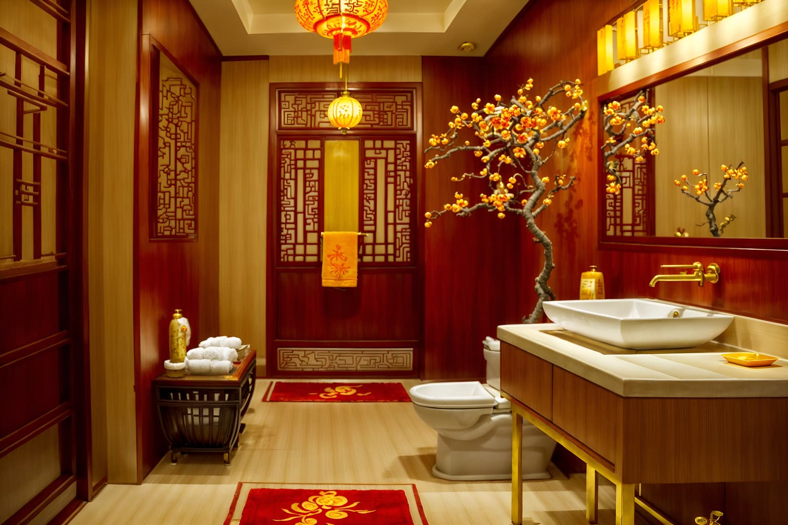 chinese new year-style (hotel bathroom interior) with waste basket and bathroom sink with faucet and shower and bathroom cabinet and bathtub and plant and toilet seat and mirror. . with red and gold candles and chinese knots and kumquat trees and zodiac calendar and vases of plum blossoms and orchids and orange trees and gold ingots and money tree. . cinematic photo, highly detailed, cinematic lighting, ultra-detailed, ultrarealistic, photorealism, 8k. chinese new year interior design style. masterpiece, cinematic light, ultrarealistic+, photorealistic+, 8k, raw photo, realistic, sharp focus on eyes, (symmetrical eyes), (intact eyes), hyperrealistic, highest quality, best quality, , highly detailed, masterpiece, best quality, extremely detailed 8k wallpaper, masterpiece, best quality, ultra-detailed, best shadow, detailed background, detailed face, detailed eyes, high contrast, best illumination, detailed face, dulux, caustic, dynamic angle, detailed glow. dramatic lighting. highly detailed, insanely detailed hair, symmetrical, intricate details, professionally retouched, 8k high definition. strong bokeh. award winning photo.