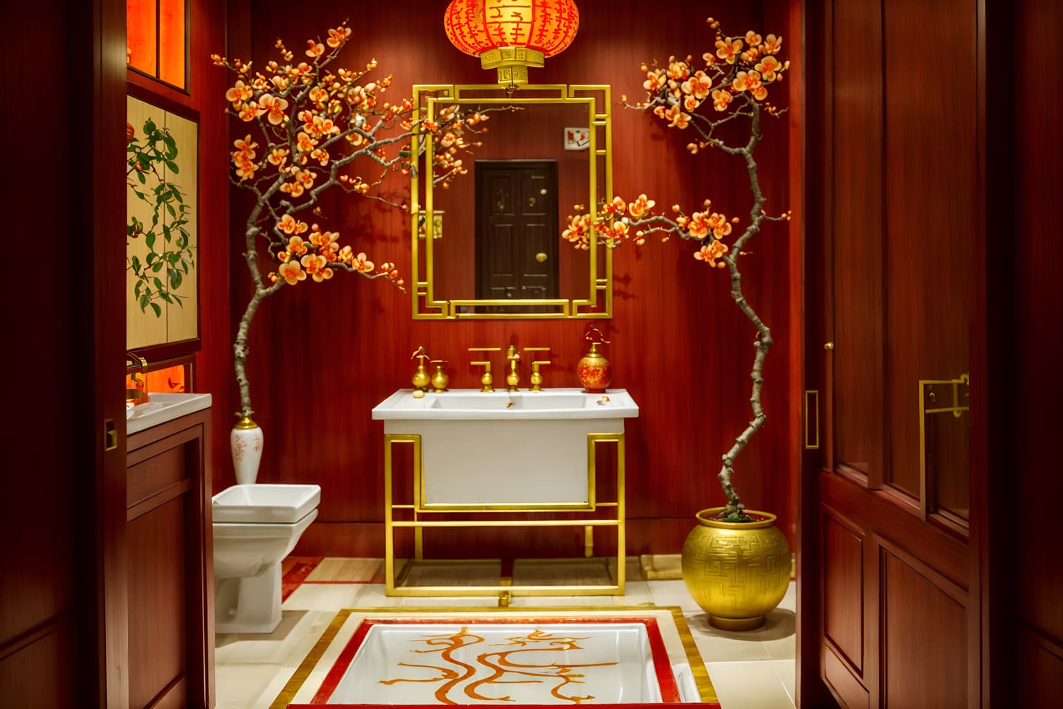 chinese new year-style (hotel bathroom interior) with waste basket and bathroom sink with faucet and shower and bathroom cabinet and bathtub and plant and toilet seat and mirror. . with red and gold candles and chinese knots and kumquat trees and zodiac calendar and vases of plum blossoms and orchids and orange trees and gold ingots and money tree. . cinematic photo, highly detailed, cinematic lighting, ultra-detailed, ultrarealistic, photorealism, 8k. chinese new year interior design style. masterpiece, cinematic light, ultrarealistic+, photorealistic+, 8k, raw photo, realistic, sharp focus on eyes, (symmetrical eyes), (intact eyes), hyperrealistic, highest quality, best quality, , highly detailed, masterpiece, best quality, extremely detailed 8k wallpaper, masterpiece, best quality, ultra-detailed, best shadow, detailed background, detailed face, detailed eyes, high contrast, best illumination, detailed face, dulux, caustic, dynamic angle, detailed glow. dramatic lighting. highly detailed, insanely detailed hair, symmetrical, intricate details, professionally retouched, 8k high definition. strong bokeh. award winning photo.