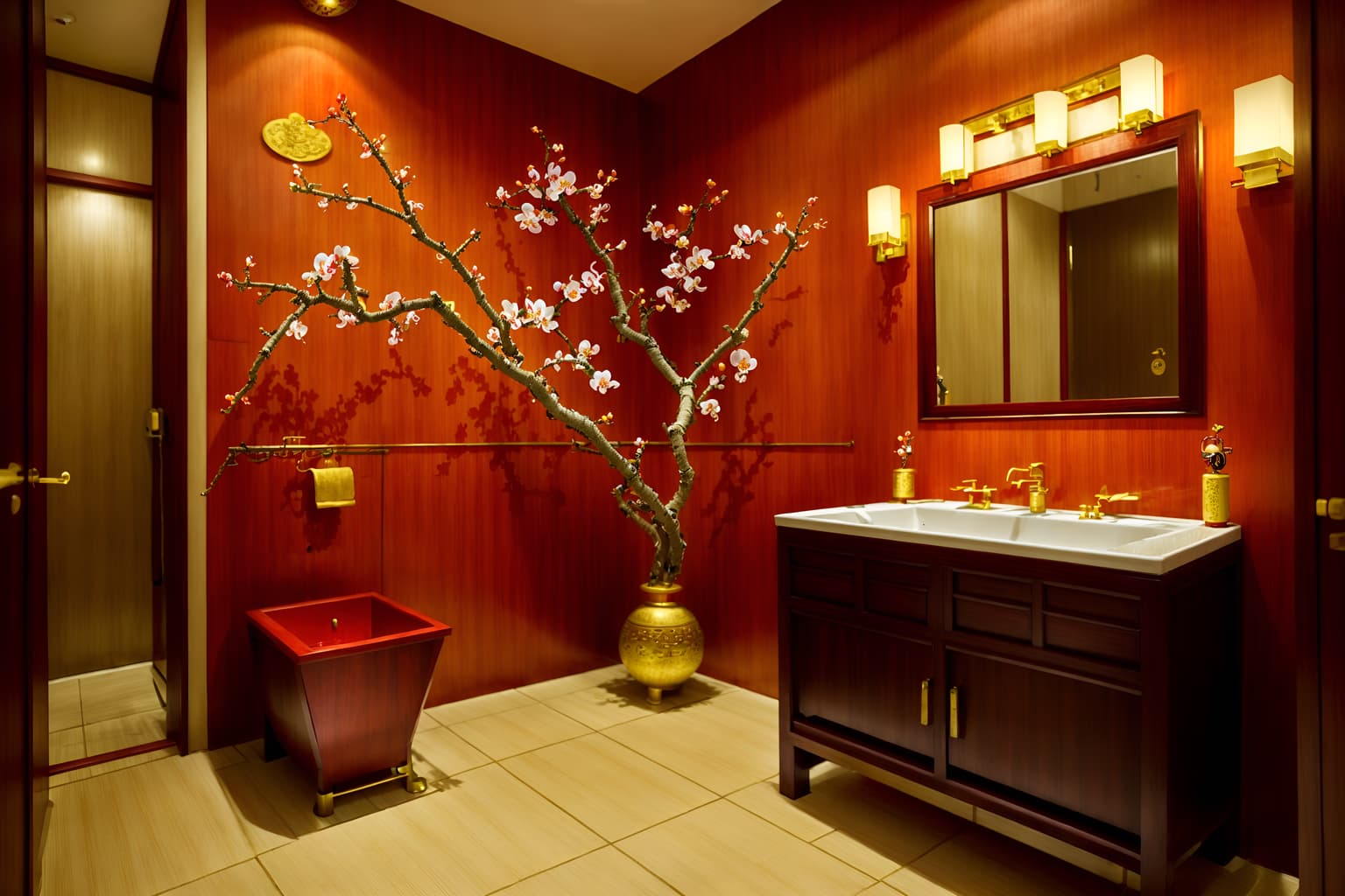 chinese new year-style (hotel bathroom interior) with waste basket and bathroom sink with faucet and shower and bathroom cabinet and bathtub and plant and toilet seat and mirror. . with red and gold candles and chinese knots and kumquat trees and zodiac calendar and vases of plum blossoms and orchids and orange trees and gold ingots and money tree. . cinematic photo, highly detailed, cinematic lighting, ultra-detailed, ultrarealistic, photorealism, 8k. chinese new year interior design style. masterpiece, cinematic light, ultrarealistic+, photorealistic+, 8k, raw photo, realistic, sharp focus on eyes, (symmetrical eyes), (intact eyes), hyperrealistic, highest quality, best quality, , highly detailed, masterpiece, best quality, extremely detailed 8k wallpaper, masterpiece, best quality, ultra-detailed, best shadow, detailed background, detailed face, detailed eyes, high contrast, best illumination, detailed face, dulux, caustic, dynamic angle, detailed glow. dramatic lighting. highly detailed, insanely detailed hair, symmetrical, intricate details, professionally retouched, 8k high definition. strong bokeh. award winning photo.