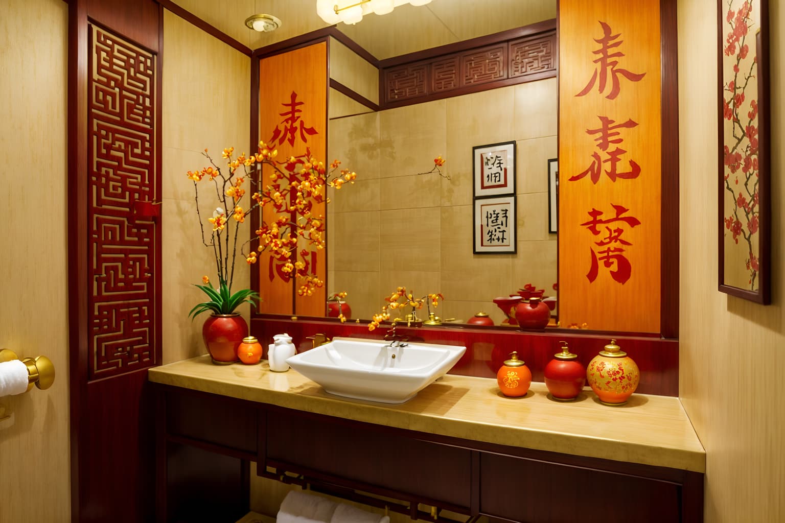 chinese new year-style (hotel bathroom interior) with waste basket and bathroom sink with faucet and shower and bathroom cabinet and bathtub and plant and toilet seat and mirror. . with red and gold candles and chinese knots and kumquat trees and zodiac calendar and vases of plum blossoms and orchids and orange trees and gold ingots and money tree. . cinematic photo, highly detailed, cinematic lighting, ultra-detailed, ultrarealistic, photorealism, 8k. chinese new year interior design style. masterpiece, cinematic light, ultrarealistic+, photorealistic+, 8k, raw photo, realistic, sharp focus on eyes, (symmetrical eyes), (intact eyes), hyperrealistic, highest quality, best quality, , highly detailed, masterpiece, best quality, extremely detailed 8k wallpaper, masterpiece, best quality, ultra-detailed, best shadow, detailed background, detailed face, detailed eyes, high contrast, best illumination, detailed face, dulux, caustic, dynamic angle, detailed glow. dramatic lighting. highly detailed, insanely detailed hair, symmetrical, intricate details, professionally retouched, 8k high definition. strong bokeh. award winning photo.