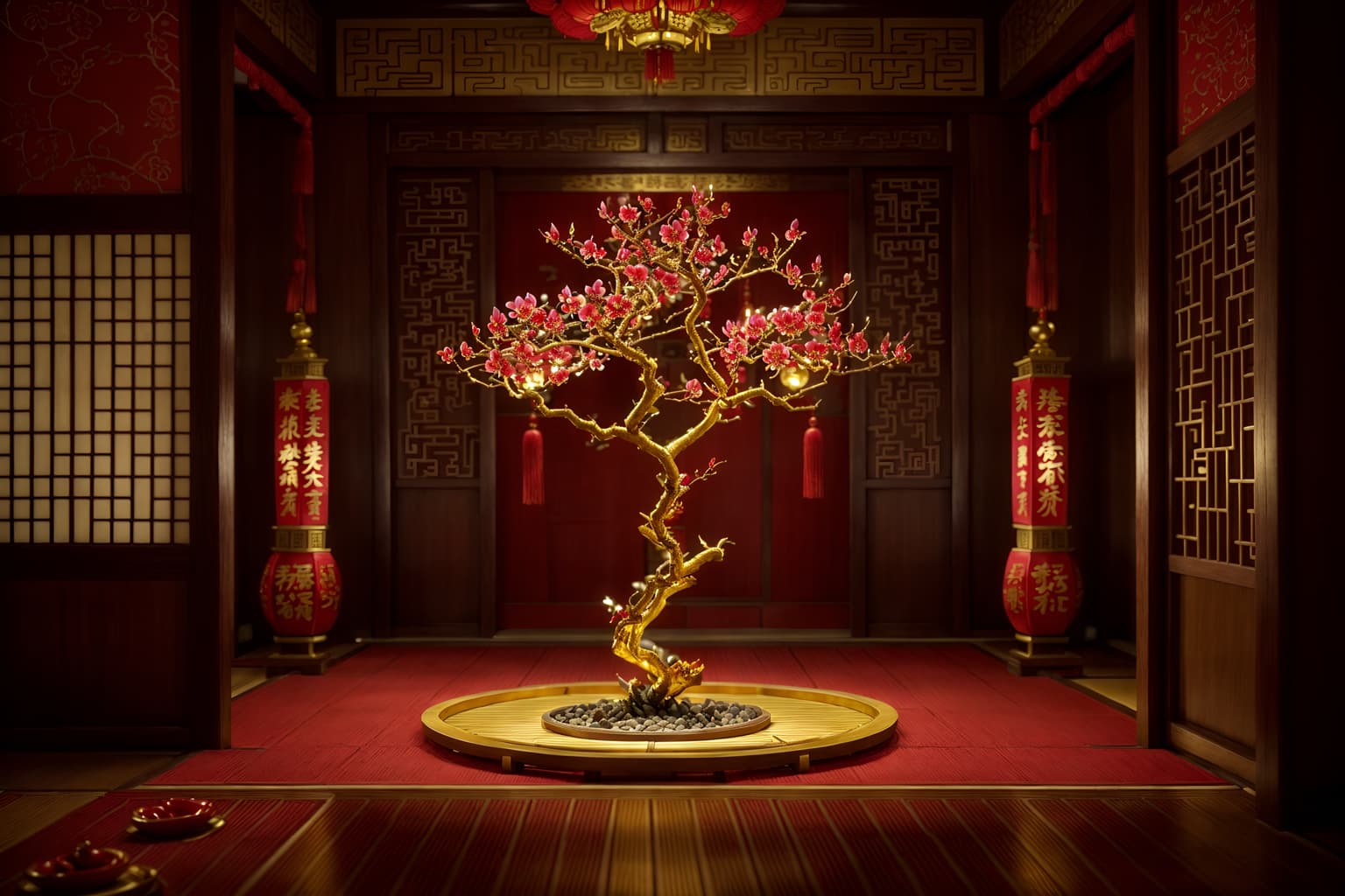 chinese new year-style (onsen interior) . with red and gold tassels and chinese knots and money tree and zodiac calendar and vases of plum blossoms and orchids and door couplets and gold ingots and red and gold candles. . cinematic photo, highly detailed, cinematic lighting, ultra-detailed, ultrarealistic, photorealism, 8k. chinese new year interior design style. masterpiece, cinematic light, ultrarealistic+, photorealistic+, 8k, raw photo, realistic, sharp focus on eyes, (symmetrical eyes), (intact eyes), hyperrealistic, highest quality, best quality, , highly detailed, masterpiece, best quality, extremely detailed 8k wallpaper, masterpiece, best quality, ultra-detailed, best shadow, detailed background, detailed face, detailed eyes, high contrast, best illumination, detailed face, dulux, caustic, dynamic angle, detailed glow. dramatic lighting. highly detailed, insanely detailed hair, symmetrical, intricate details, professionally retouched, 8k high definition. strong bokeh. award winning photo.