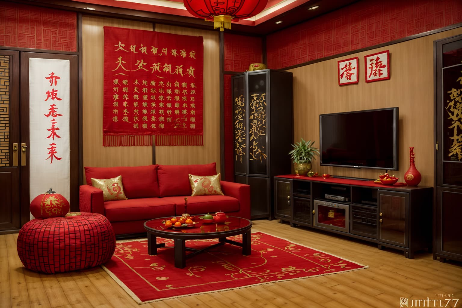 chinese new year-style (kitchen living combo interior) with televisions and refrigerator and furniture and plant and coffee tables and rug and occasional tables and chairs. . with money tree and red fabric & pillows and paper firecrackers and chinese knots and chinese red lanterns and door couplets and kumquat trees and zodiac calendar. . cinematic photo, highly detailed, cinematic lighting, ultra-detailed, ultrarealistic, photorealism, 8k. chinese new year interior design style. masterpiece, cinematic light, ultrarealistic+, photorealistic+, 8k, raw photo, realistic, sharp focus on eyes, (symmetrical eyes), (intact eyes), hyperrealistic, highest quality, best quality, , highly detailed, masterpiece, best quality, extremely detailed 8k wallpaper, masterpiece, best quality, ultra-detailed, best shadow, detailed background, detailed face, detailed eyes, high contrast, best illumination, detailed face, dulux, caustic, dynamic angle, detailed glow. dramatic lighting. highly detailed, insanely detailed hair, symmetrical, intricate details, professionally retouched, 8k high definition. strong bokeh. award winning photo.