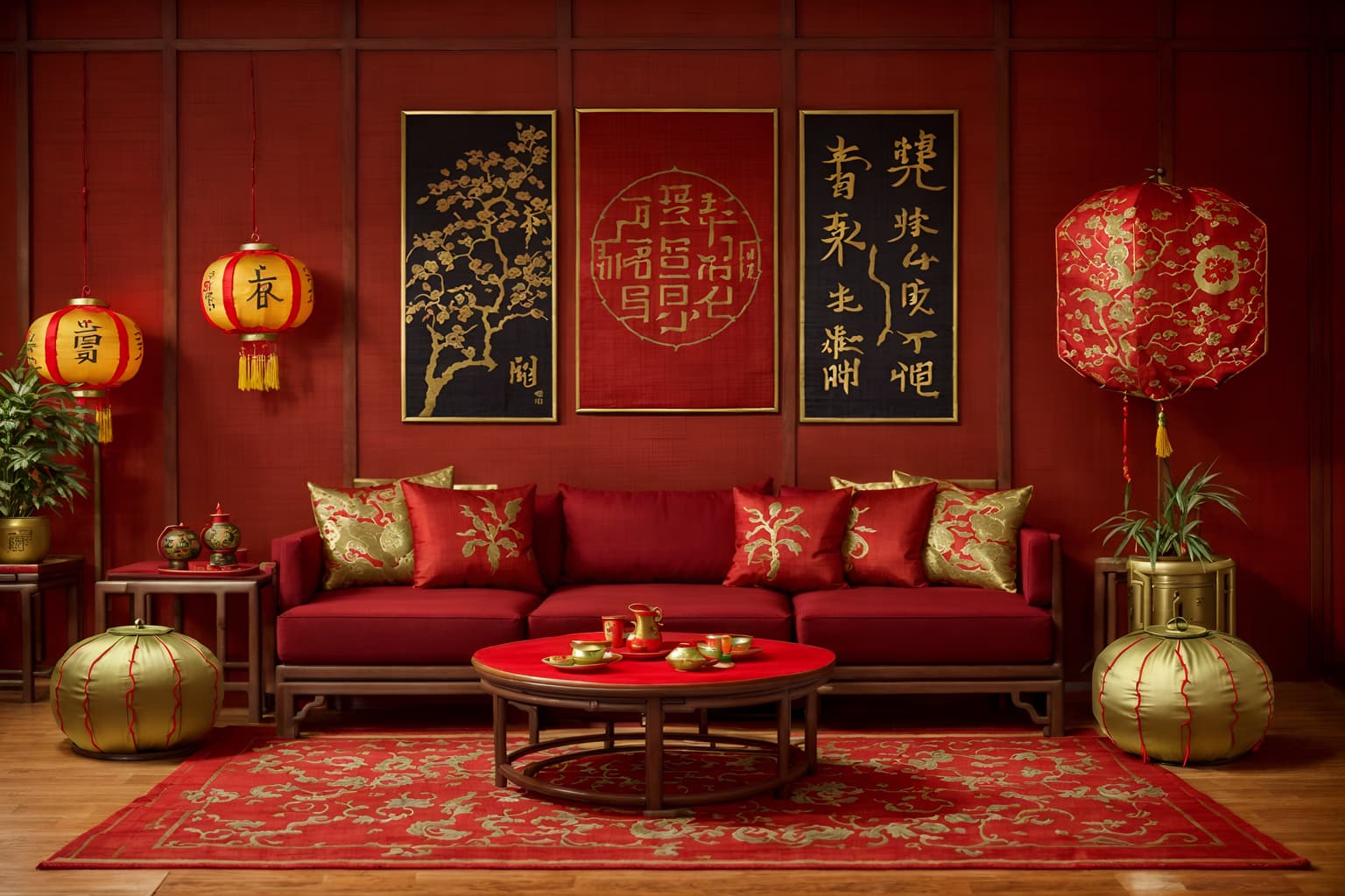 chinese new year-style (kitchen living combo interior) with televisions and refrigerator and furniture and plant and coffee tables and rug and occasional tables and chairs. . with money tree and red fabric & pillows and paper firecrackers and chinese knots and chinese red lanterns and door couplets and kumquat trees and zodiac calendar. . cinematic photo, highly detailed, cinematic lighting, ultra-detailed, ultrarealistic, photorealism, 8k. chinese new year interior design style. masterpiece, cinematic light, ultrarealistic+, photorealistic+, 8k, raw photo, realistic, sharp focus on eyes, (symmetrical eyes), (intact eyes), hyperrealistic, highest quality, best quality, , highly detailed, masterpiece, best quality, extremely detailed 8k wallpaper, masterpiece, best quality, ultra-detailed, best shadow, detailed background, detailed face, detailed eyes, high contrast, best illumination, detailed face, dulux, caustic, dynamic angle, detailed glow. dramatic lighting. highly detailed, insanely detailed hair, symmetrical, intricate details, professionally retouched, 8k high definition. strong bokeh. award winning photo.