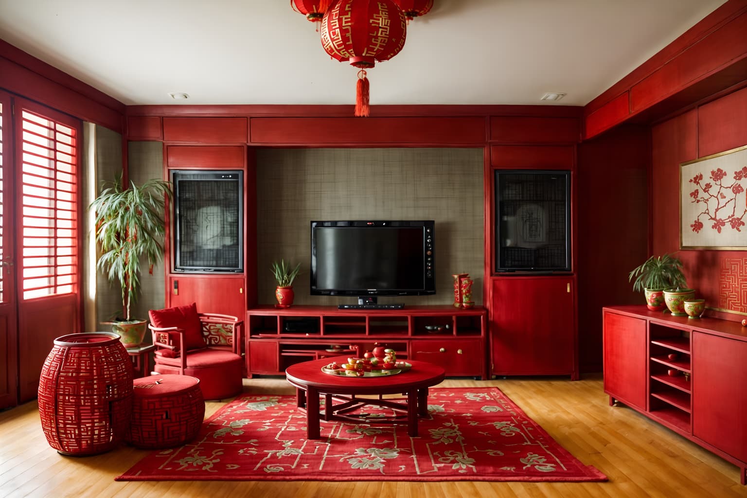 chinese new year-style (kitchen living combo interior) with televisions and refrigerator and furniture and plant and coffee tables and rug and occasional tables and chairs. . with money tree and red fabric & pillows and paper firecrackers and chinese knots and chinese red lanterns and door couplets and kumquat trees and zodiac calendar. . cinematic photo, highly detailed, cinematic lighting, ultra-detailed, ultrarealistic, photorealism, 8k. chinese new year interior design style. masterpiece, cinematic light, ultrarealistic+, photorealistic+, 8k, raw photo, realistic, sharp focus on eyes, (symmetrical eyes), (intact eyes), hyperrealistic, highest quality, best quality, , highly detailed, masterpiece, best quality, extremely detailed 8k wallpaper, masterpiece, best quality, ultra-detailed, best shadow, detailed background, detailed face, detailed eyes, high contrast, best illumination, detailed face, dulux, caustic, dynamic angle, detailed glow. dramatic lighting. highly detailed, insanely detailed hair, symmetrical, intricate details, professionally retouched, 8k high definition. strong bokeh. award winning photo.