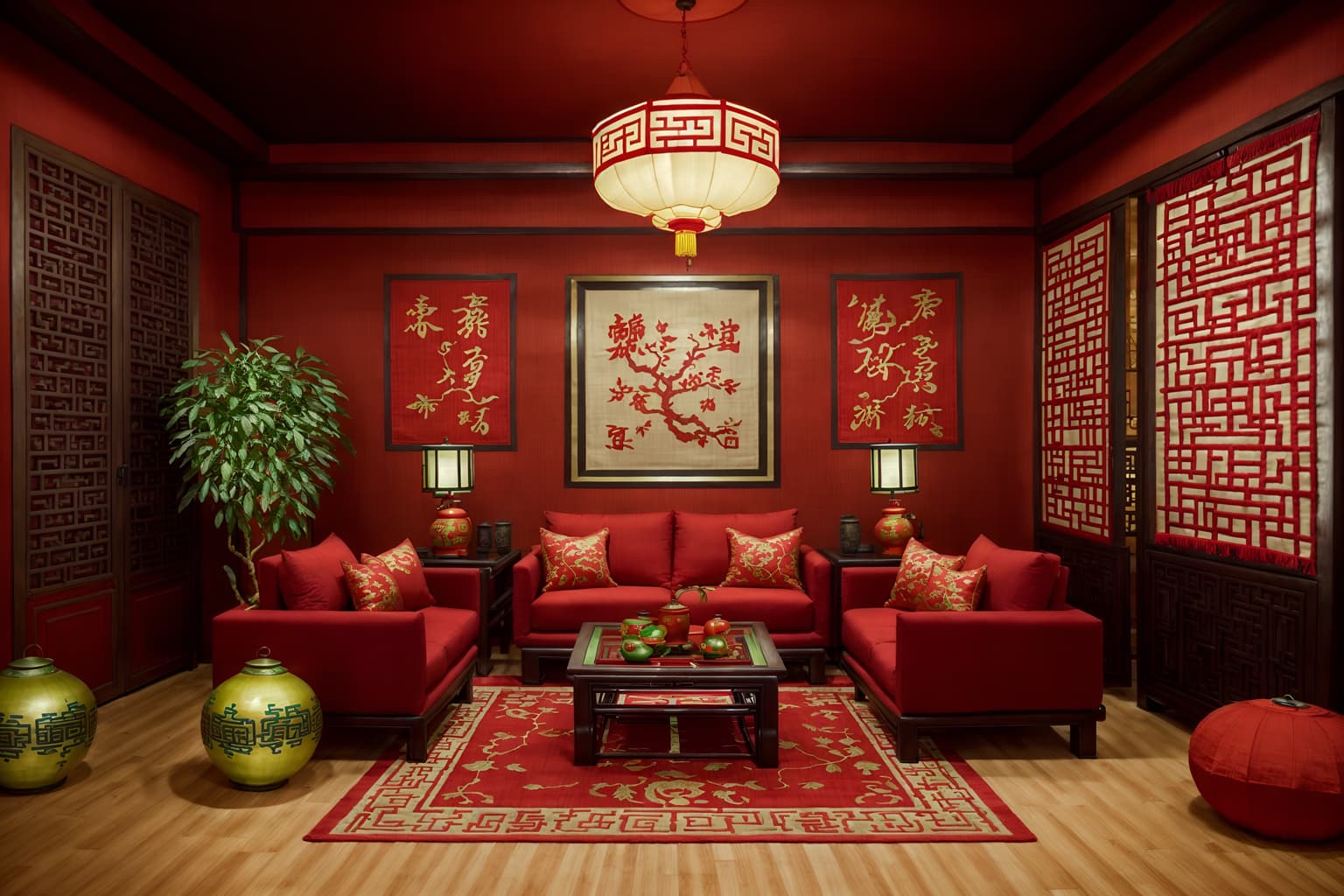 chinese new year-style (kitchen living combo interior) with televisions and refrigerator and furniture and plant and coffee tables and rug and occasional tables and chairs. . with money tree and red fabric & pillows and paper firecrackers and chinese knots and chinese red lanterns and door couplets and kumquat trees and zodiac calendar. . cinematic photo, highly detailed, cinematic lighting, ultra-detailed, ultrarealistic, photorealism, 8k. chinese new year interior design style. masterpiece, cinematic light, ultrarealistic+, photorealistic+, 8k, raw photo, realistic, sharp focus on eyes, (symmetrical eyes), (intact eyes), hyperrealistic, highest quality, best quality, , highly detailed, masterpiece, best quality, extremely detailed 8k wallpaper, masterpiece, best quality, ultra-detailed, best shadow, detailed background, detailed face, detailed eyes, high contrast, best illumination, detailed face, dulux, caustic, dynamic angle, detailed glow. dramatic lighting. highly detailed, insanely detailed hair, symmetrical, intricate details, professionally retouched, 8k high definition. strong bokeh. award winning photo.