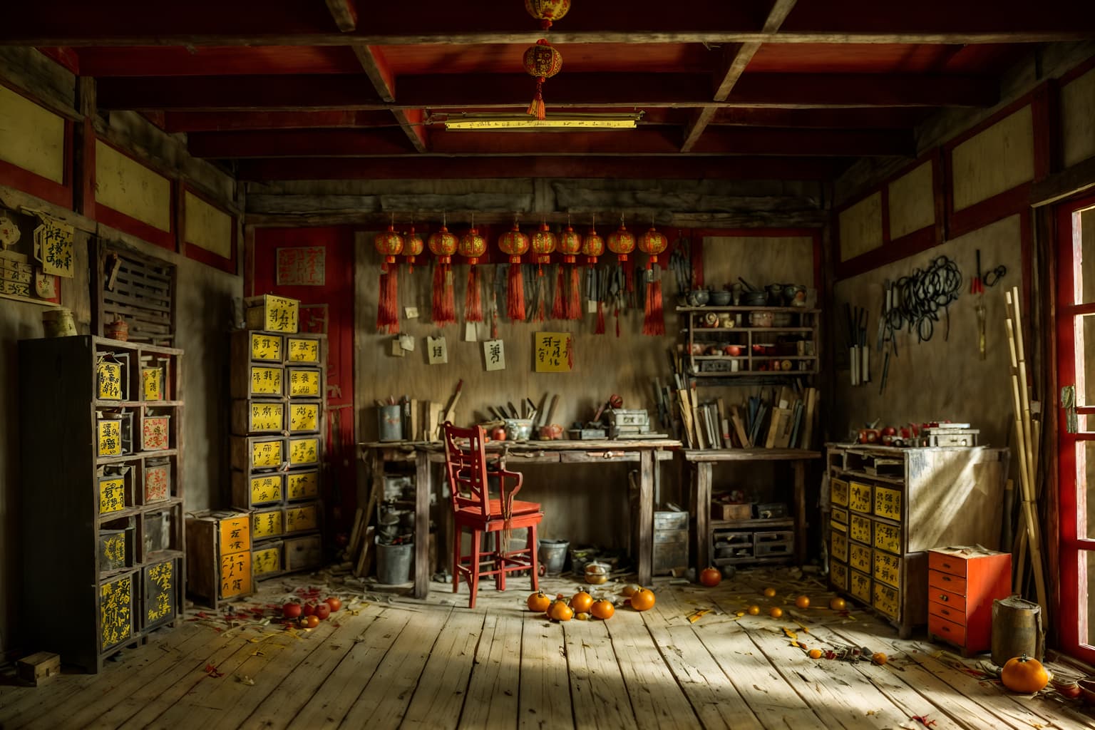 chinese new year-style (workshop interior) with messy and wooden workbench and tool wall and messy. . with paper firecrackers and zodiac calendar and orange trees and door couplets and red and gold tassels and red and gold candles and mei hwa flowers and kumquat trees. . cinematic photo, highly detailed, cinematic lighting, ultra-detailed, ultrarealistic, photorealism, 8k. chinese new year interior design style. masterpiece, cinematic light, ultrarealistic+, photorealistic+, 8k, raw photo, realistic, sharp focus on eyes, (symmetrical eyes), (intact eyes), hyperrealistic, highest quality, best quality, , highly detailed, masterpiece, best quality, extremely detailed 8k wallpaper, masterpiece, best quality, ultra-detailed, best shadow, detailed background, detailed face, detailed eyes, high contrast, best illumination, detailed face, dulux, caustic, dynamic angle, detailed glow. dramatic lighting. highly detailed, insanely detailed hair, symmetrical, intricate details, professionally retouched, 8k high definition. strong bokeh. award winning photo.