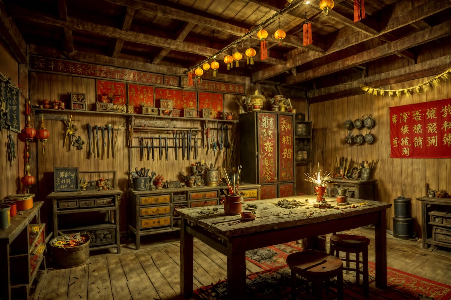 chinese new year-style (workshop interior) with messy and wooden workbench and tool wall and messy. . with paper firecrackers and zodiac calendar and orange trees and door couplets and red and gold tassels and red and gold candles and mei hwa flowers and kumquat trees. . cinematic photo, highly detailed, cinematic lighting, ultra-detailed, ultrarealistic, photorealism, 8k. chinese new year interior design style. masterpiece, cinematic light, ultrarealistic+, photorealistic+, 8k, raw photo, realistic, sharp focus on eyes, (symmetrical eyes), (intact eyes), hyperrealistic, highest quality, best quality, , highly detailed, masterpiece, best quality, extremely detailed 8k wallpaper, masterpiece, best quality, ultra-detailed, best shadow, detailed background, detailed face, detailed eyes, high contrast, best illumination, detailed face, dulux, caustic, dynamic angle, detailed glow. dramatic lighting. highly detailed, insanely detailed hair, symmetrical, intricate details, professionally retouched, 8k high definition. strong bokeh. award winning photo.